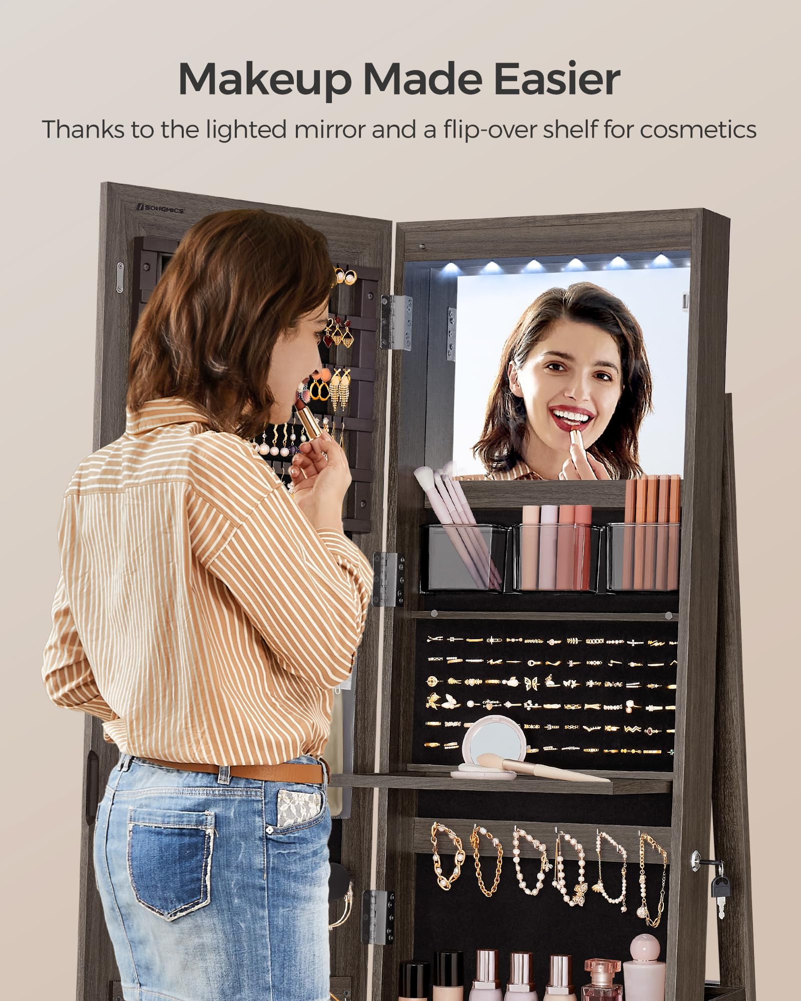 LED Jewelry Cabinet with Full-Length Mirror