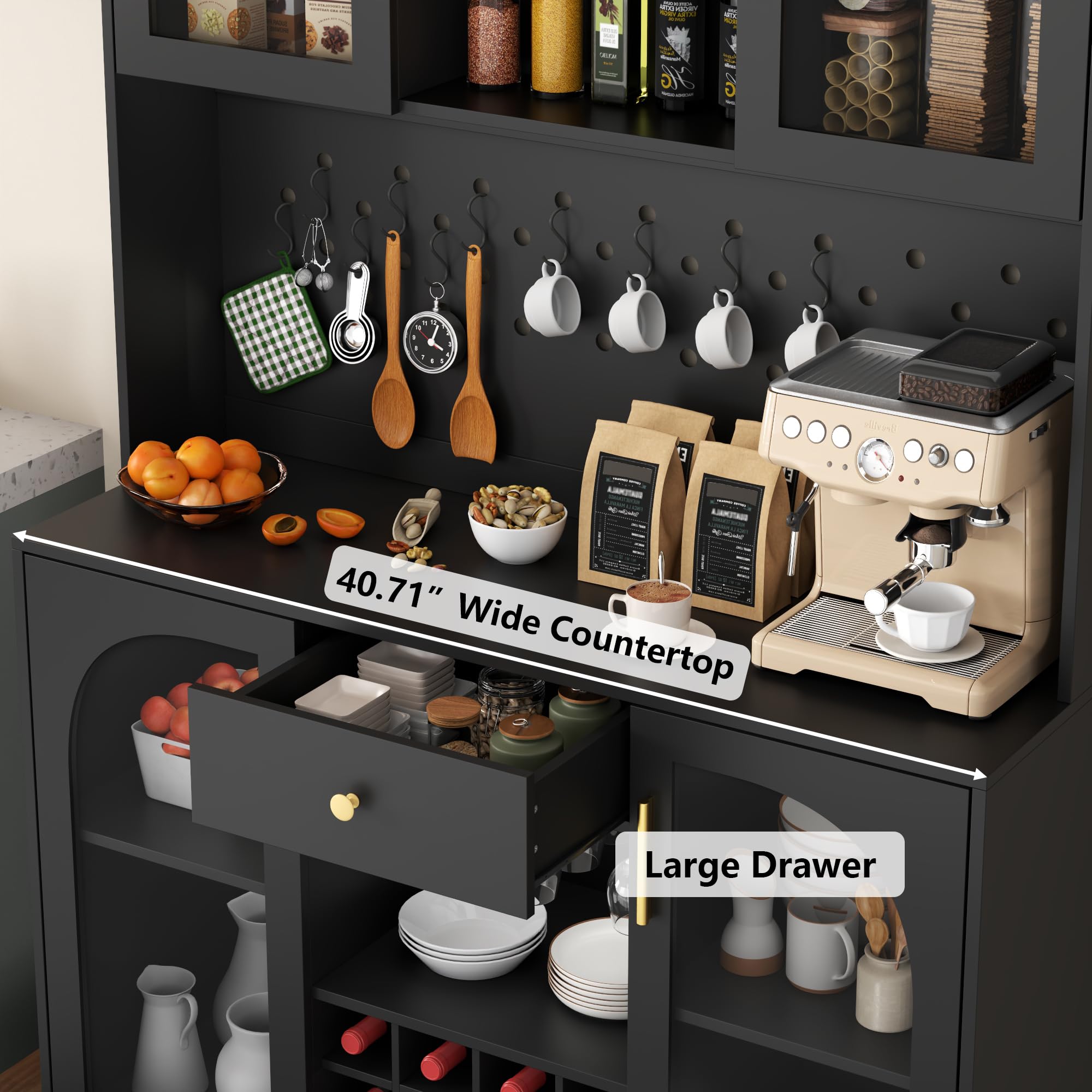 71.8" Tall Kitchen Pantry Cabinet with LED Light and Wine Rack
