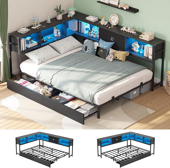 Full Corner Bed Frame with Storage Drawers and Bookcase Headboard