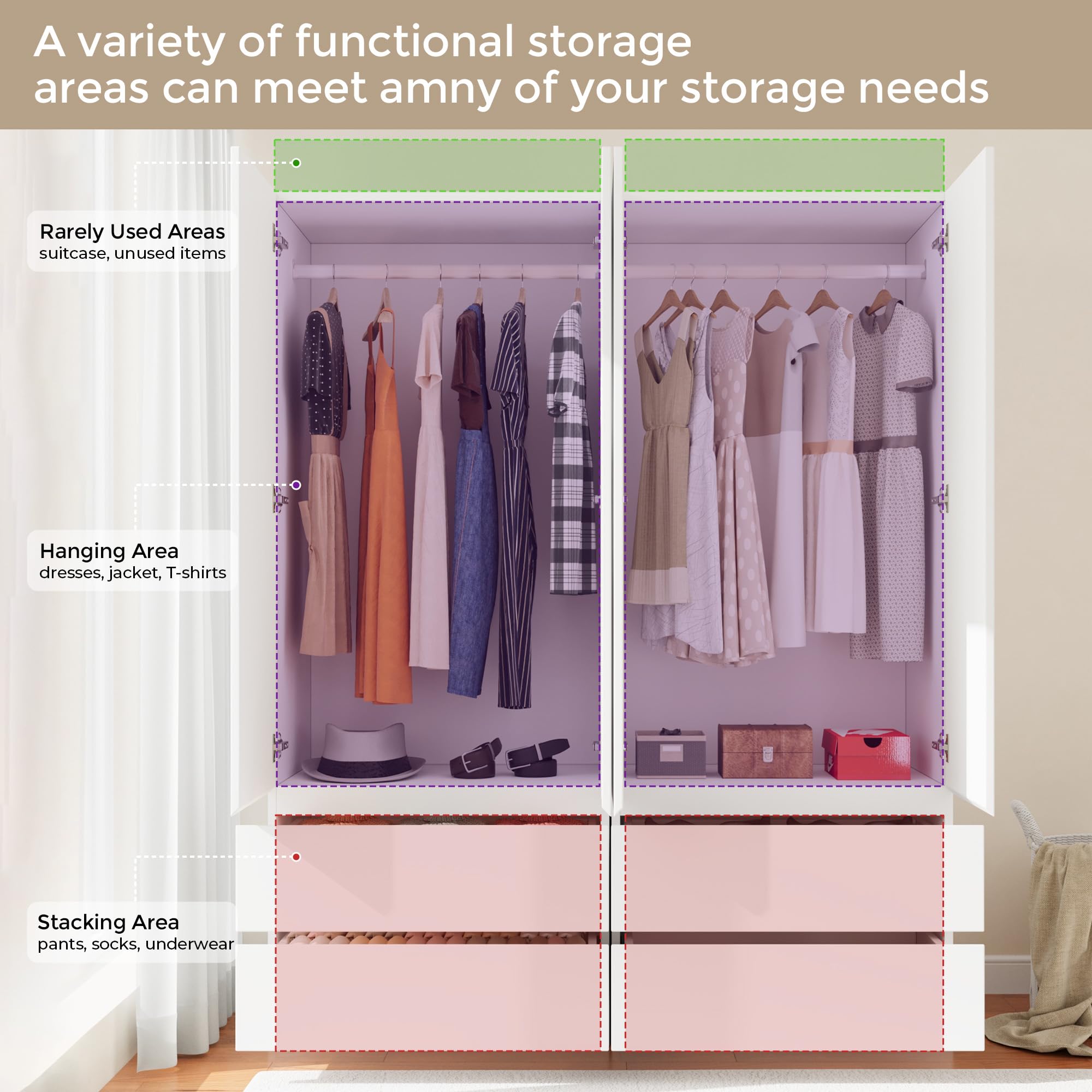 Armoire Wardrobe Closet with 4 Doors and Drawers