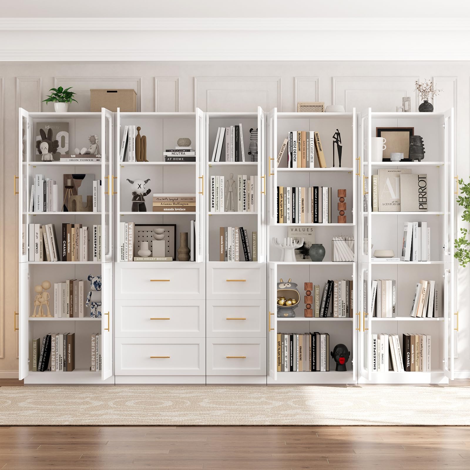 White Bookcase with Glass Doors and Drawers