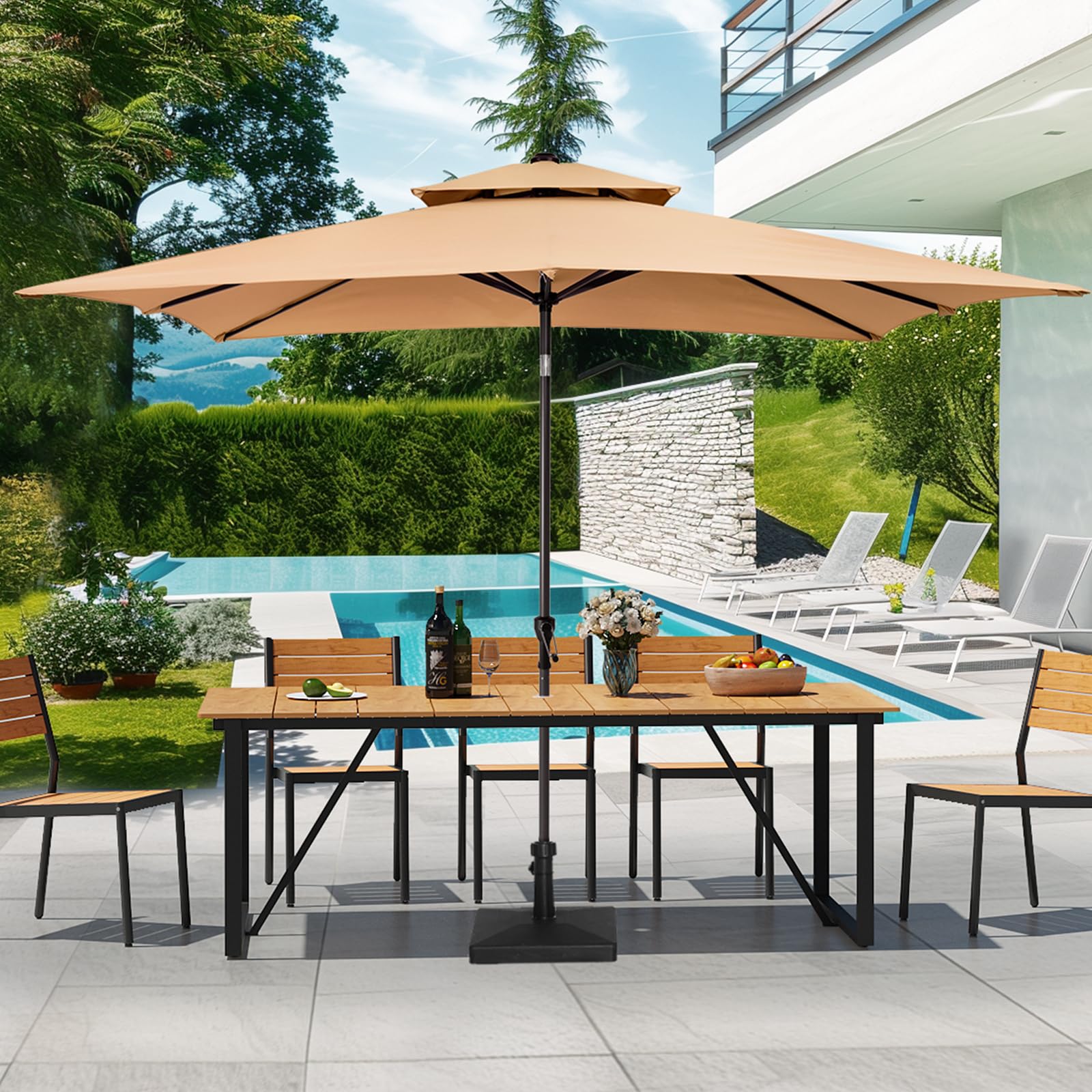 Outdoor Dining Table with Umbrella Hole 83 Inch Rectangle