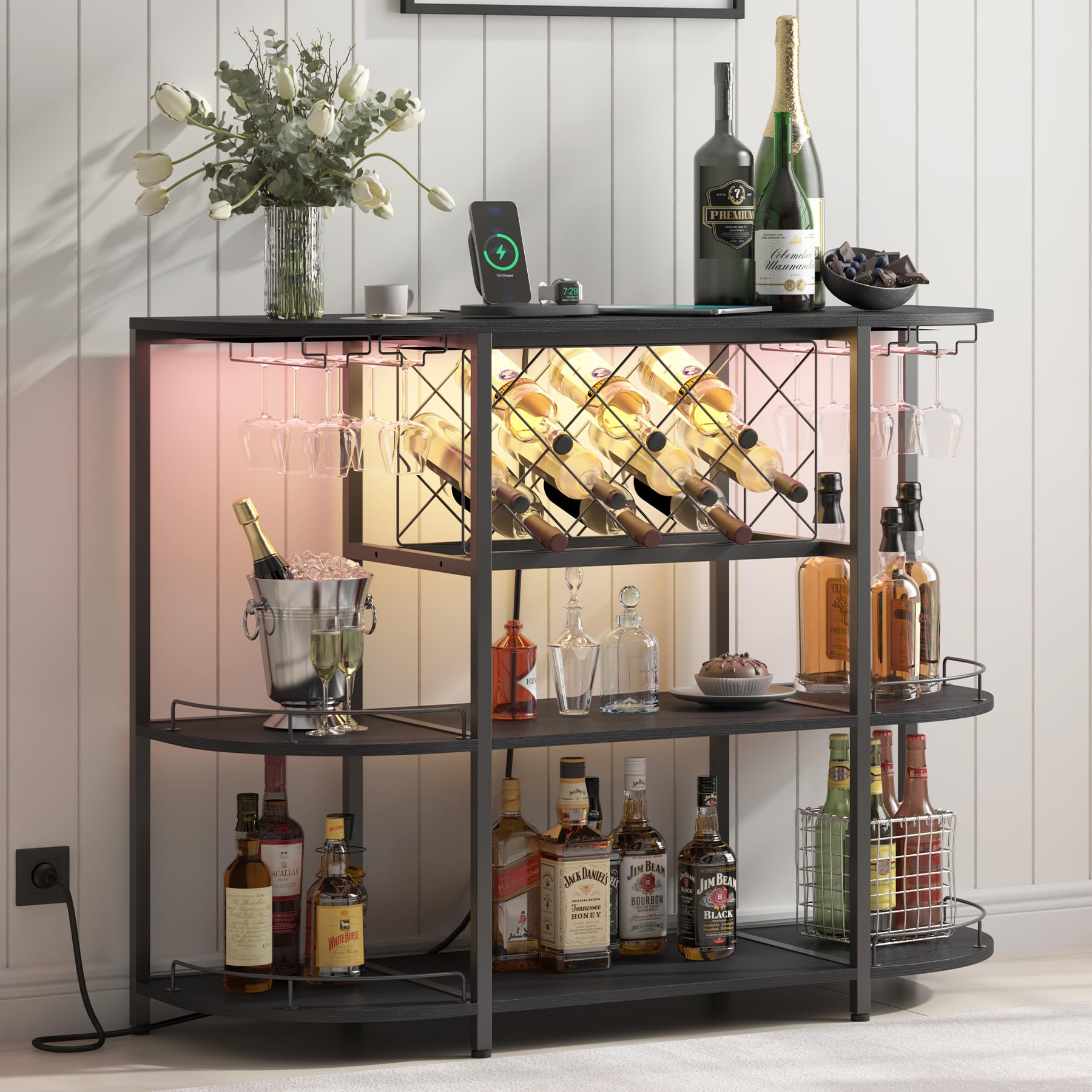 Wine Cabinet with LED Lights and Power Outlet