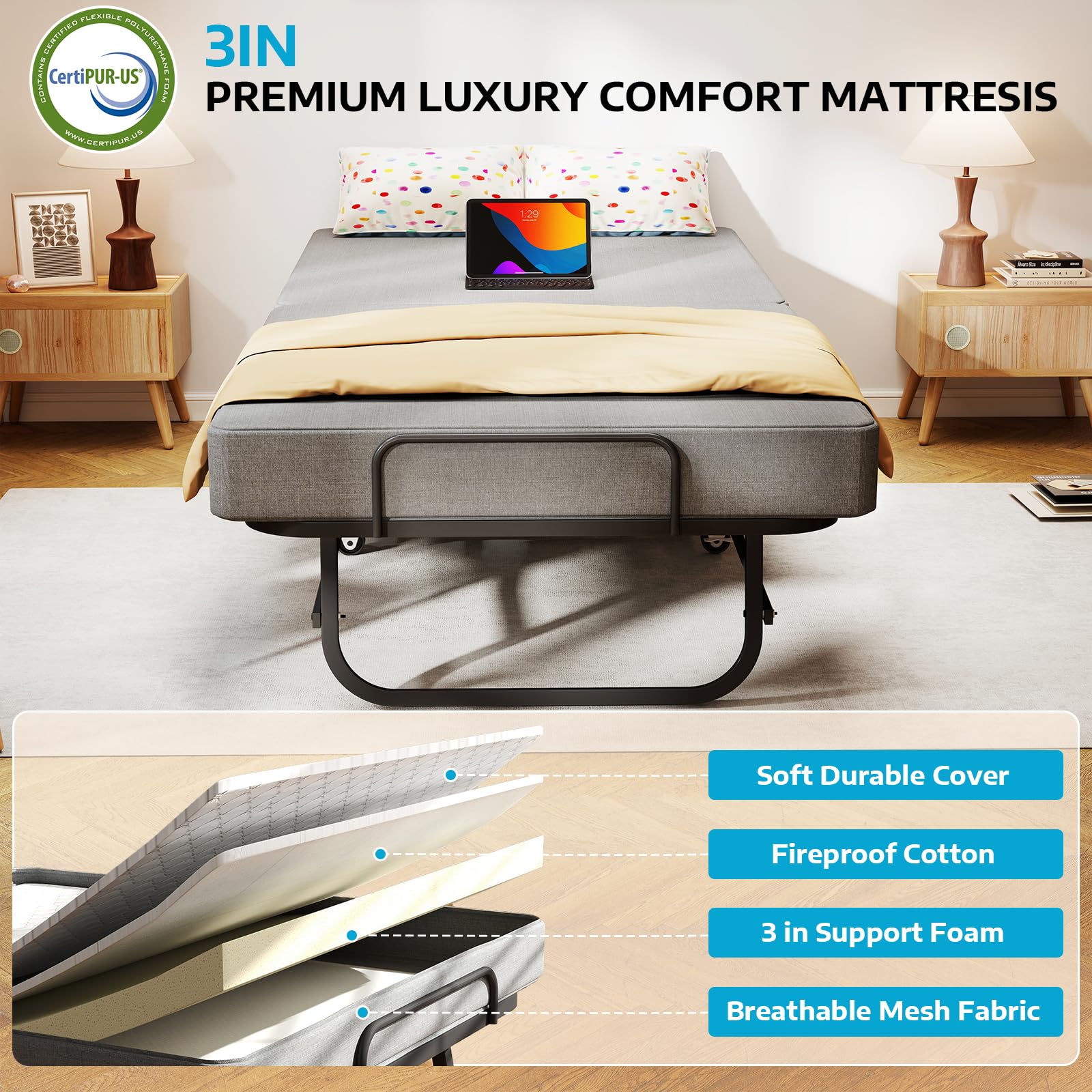 Folding Bed with Memory Foam Mattress and Wheels