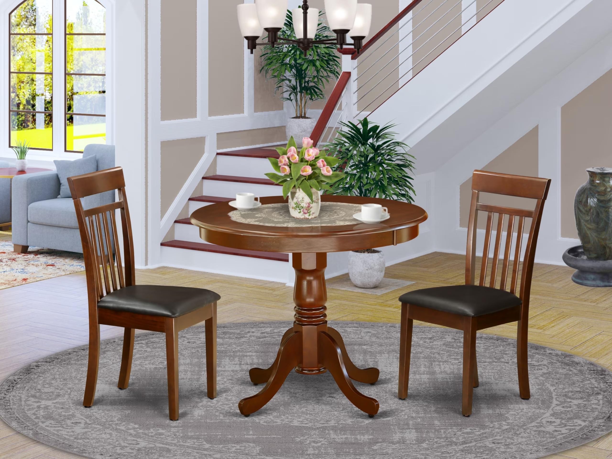 3 Piece Round Dining Table Set with Faux Leather Chairs