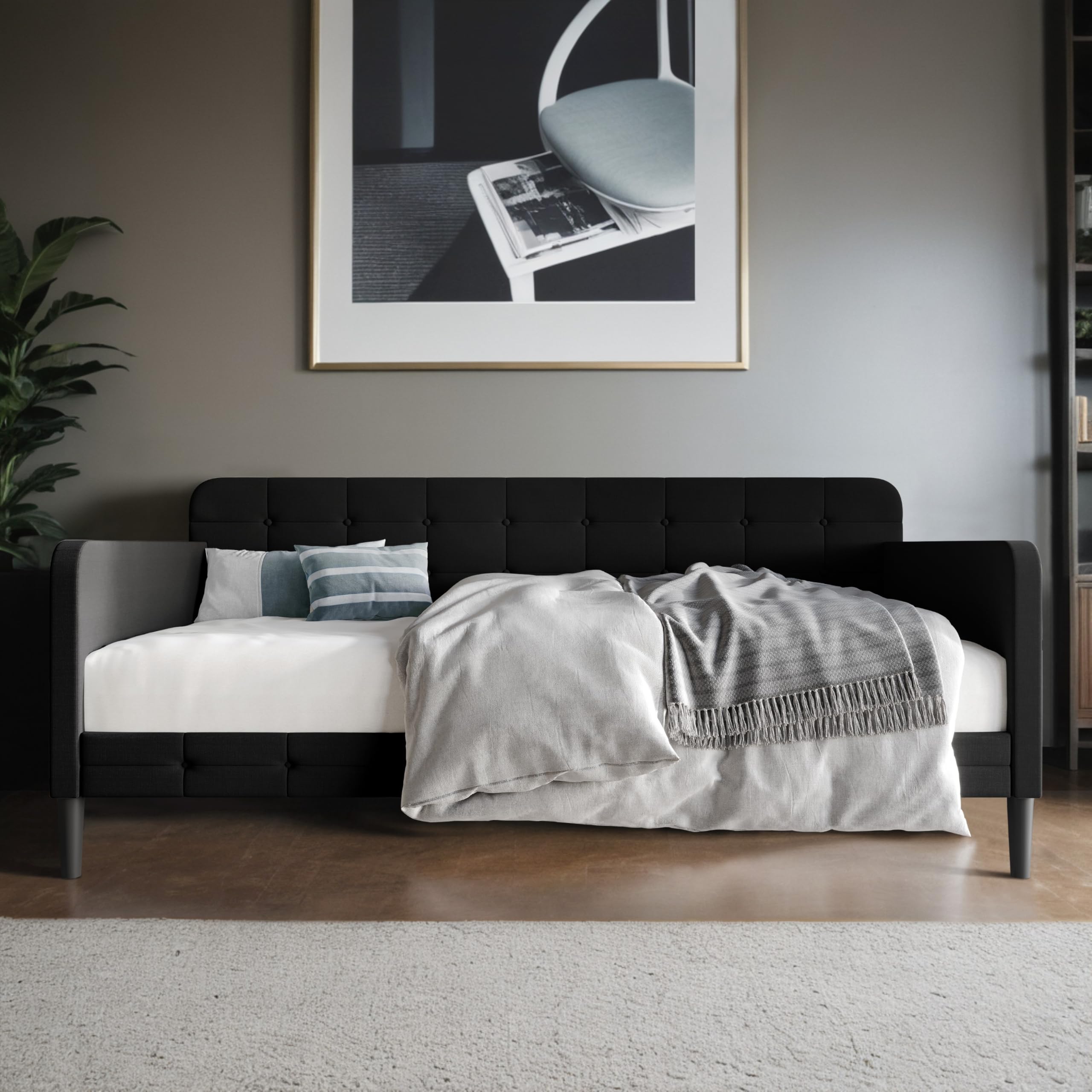 Fallon Linen Upholstered Button Tufted Daybed with Square Recessed Arms - Black