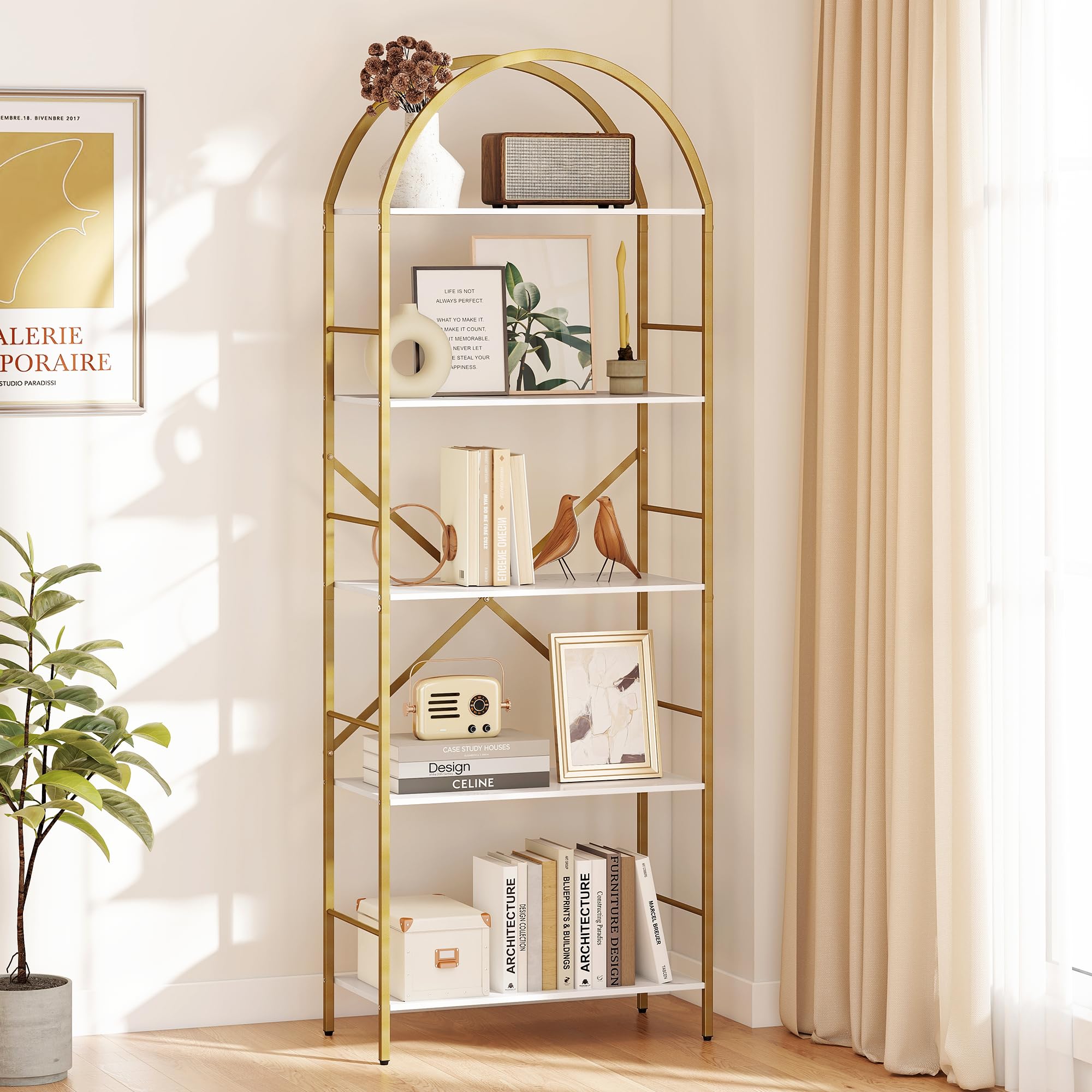 5 Tier Arched Bookshelf Gold and White
