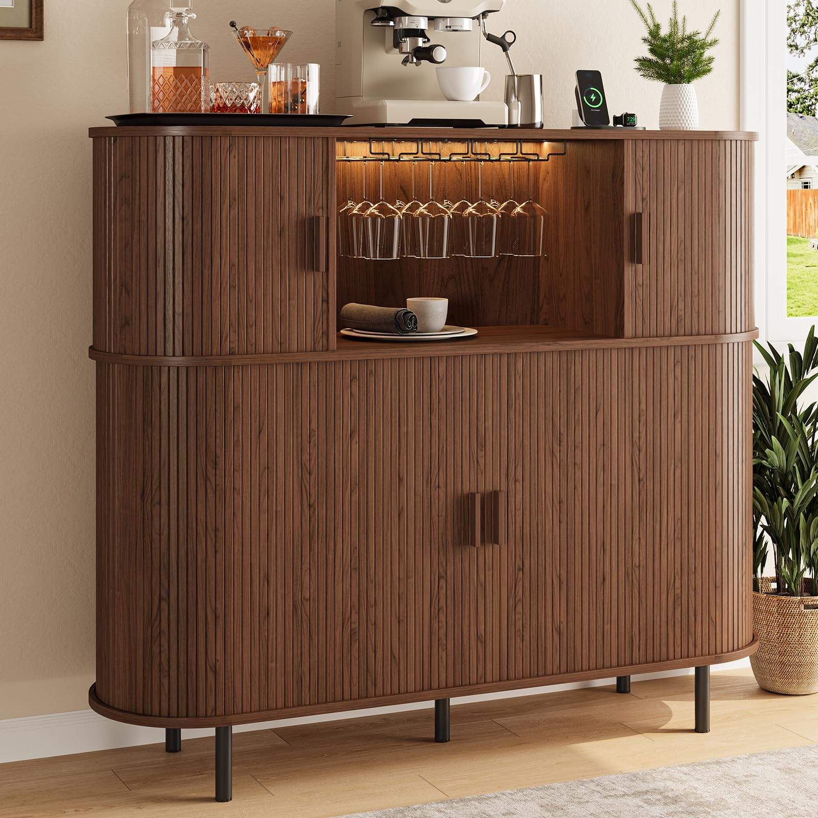 Wine Bar Cabinet with LED Lights and Power Outlet