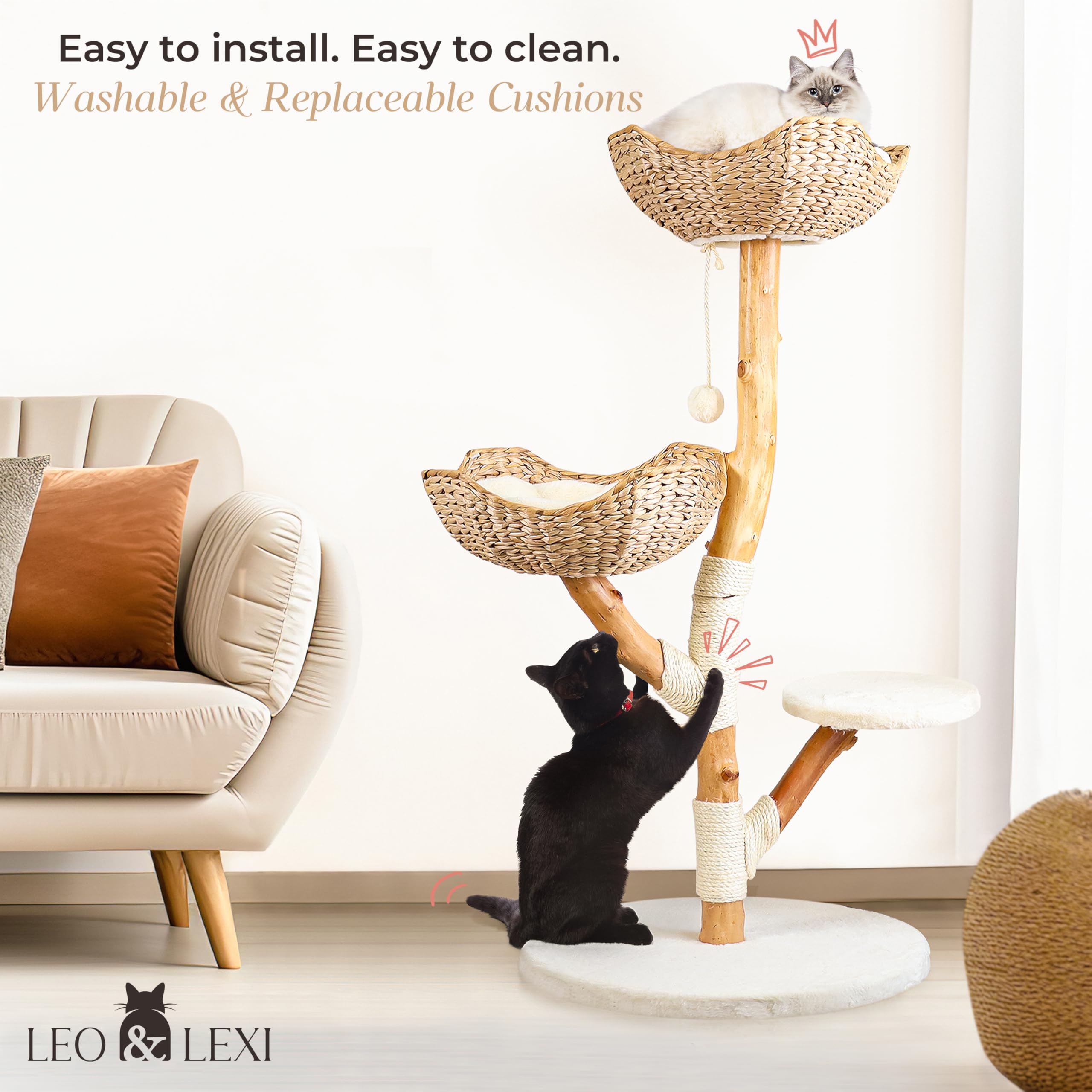 Modern Wood Cat Tree Tower with Scratching Post and Bed