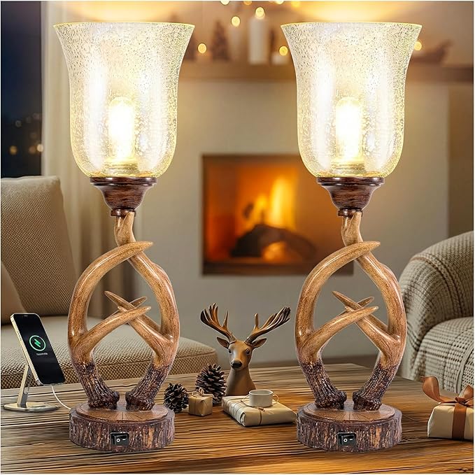 Rustic Farmhouse Antler Table Lamp Set of 2 with USB Ports and Nightlight