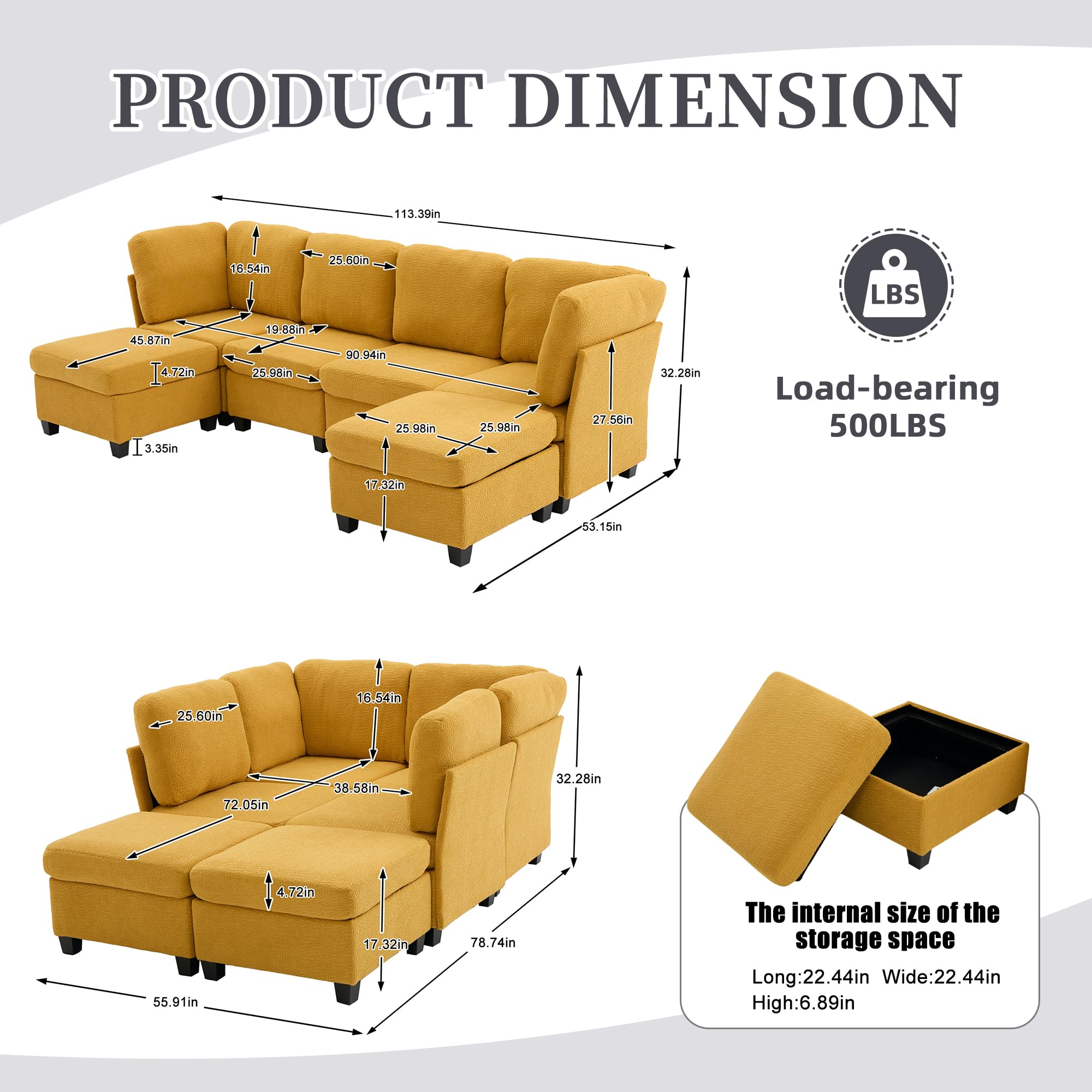 6-Seat U-Shaped Modular Sectional Sofa with Storage Ottoman