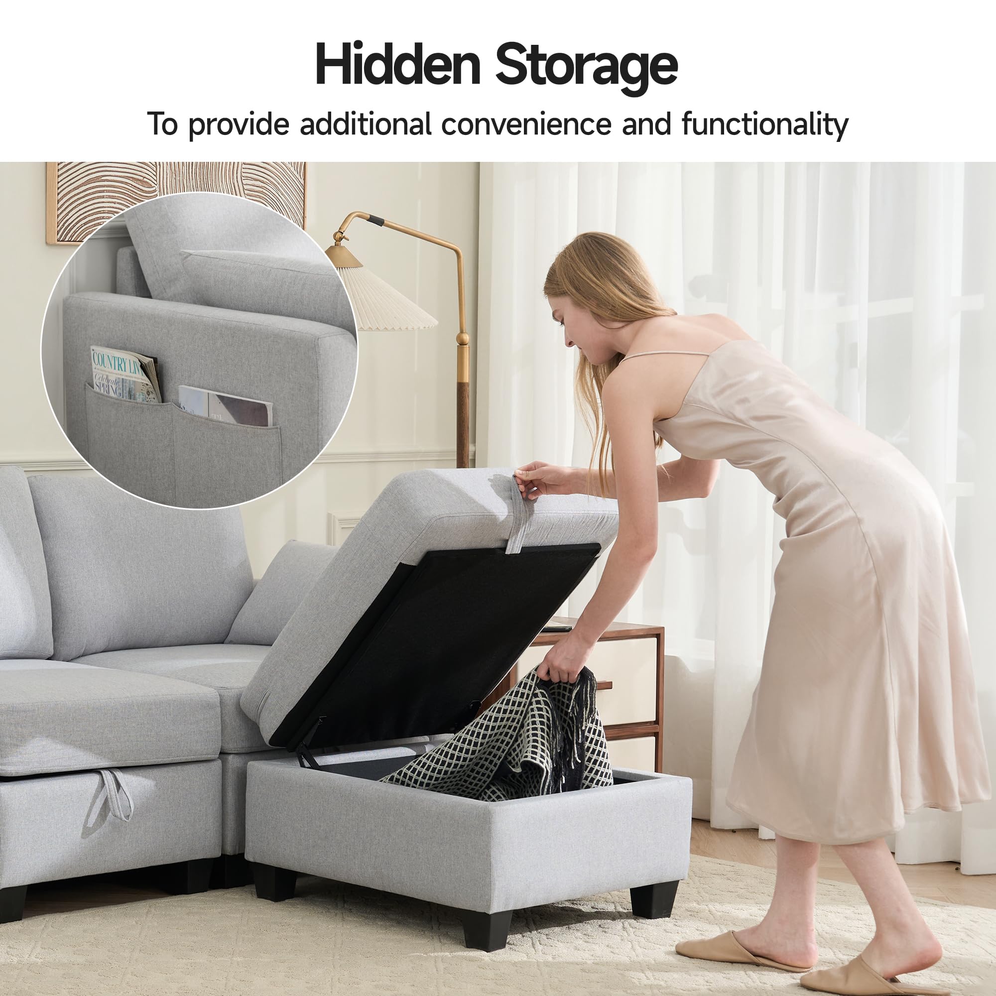 U-Shaped Sectional Sofa with Ottoman - Light Gray Linen