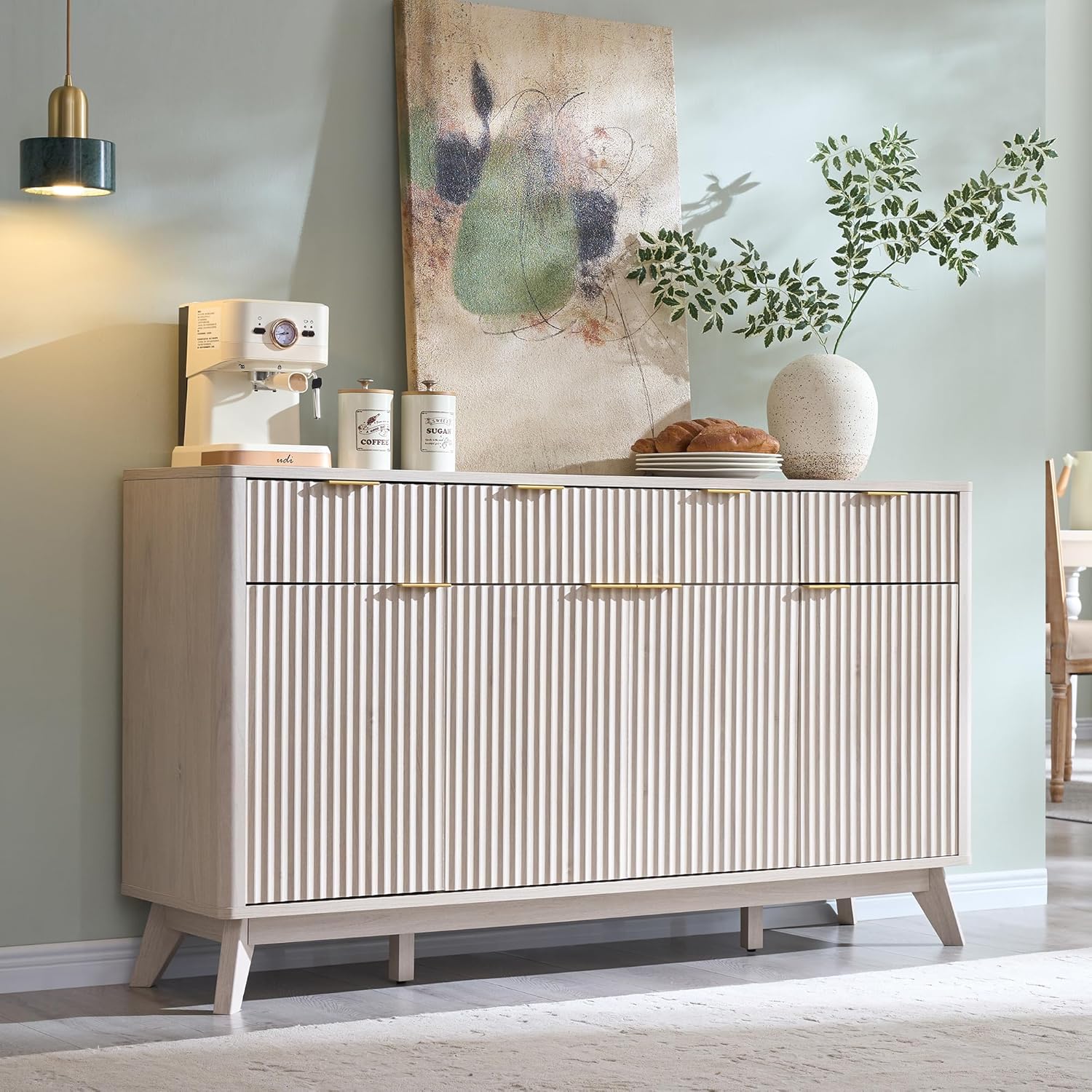 60" Fluted Buffet Sideboard Cabinet with 3 Drawers and 4 Doors