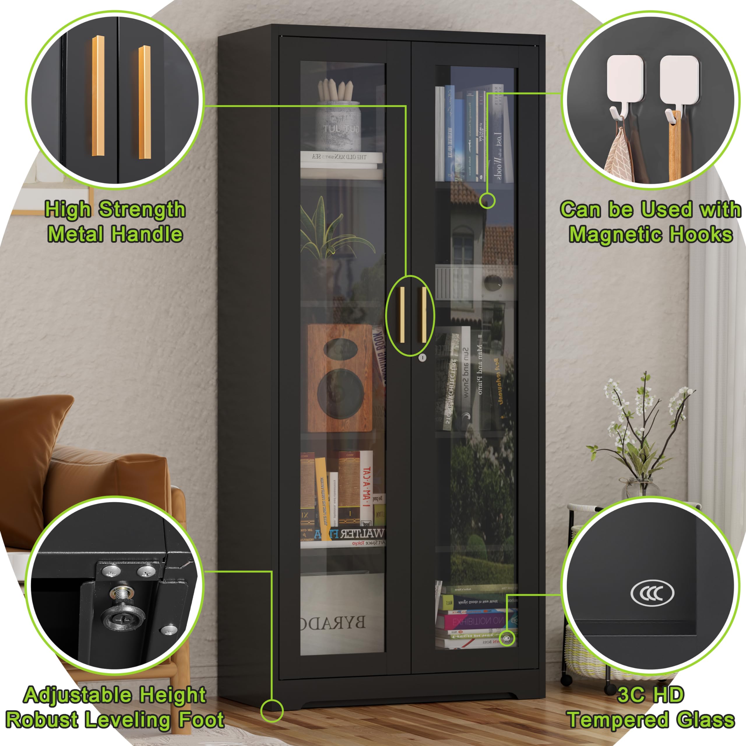 71-Inch Metal Glass Display Cabinet with Locking Doors