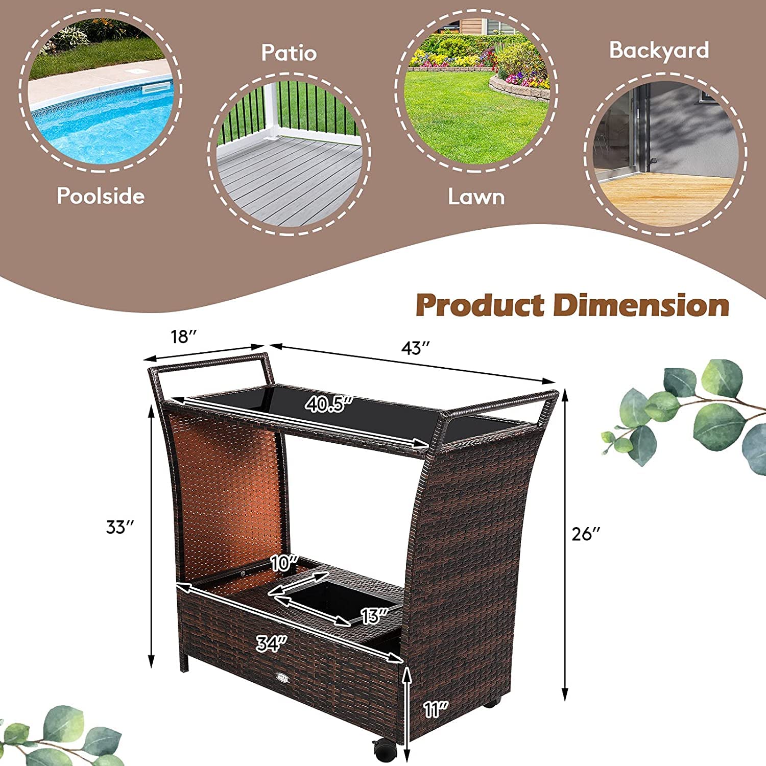 Outdoor Wicker Bar Cart with Ice Bucket
