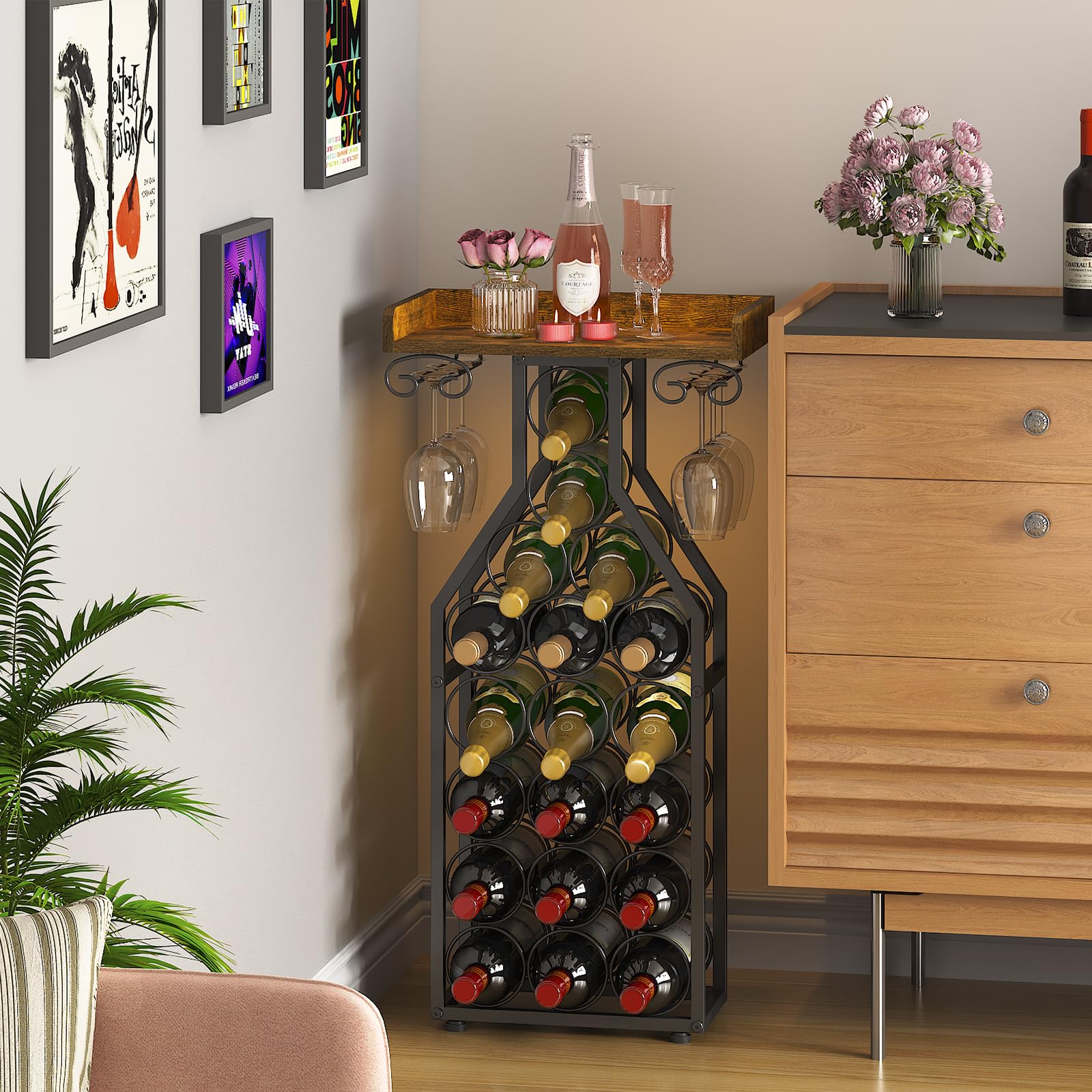 Wine Rack Freestanding Floor Storage with Glass Holder