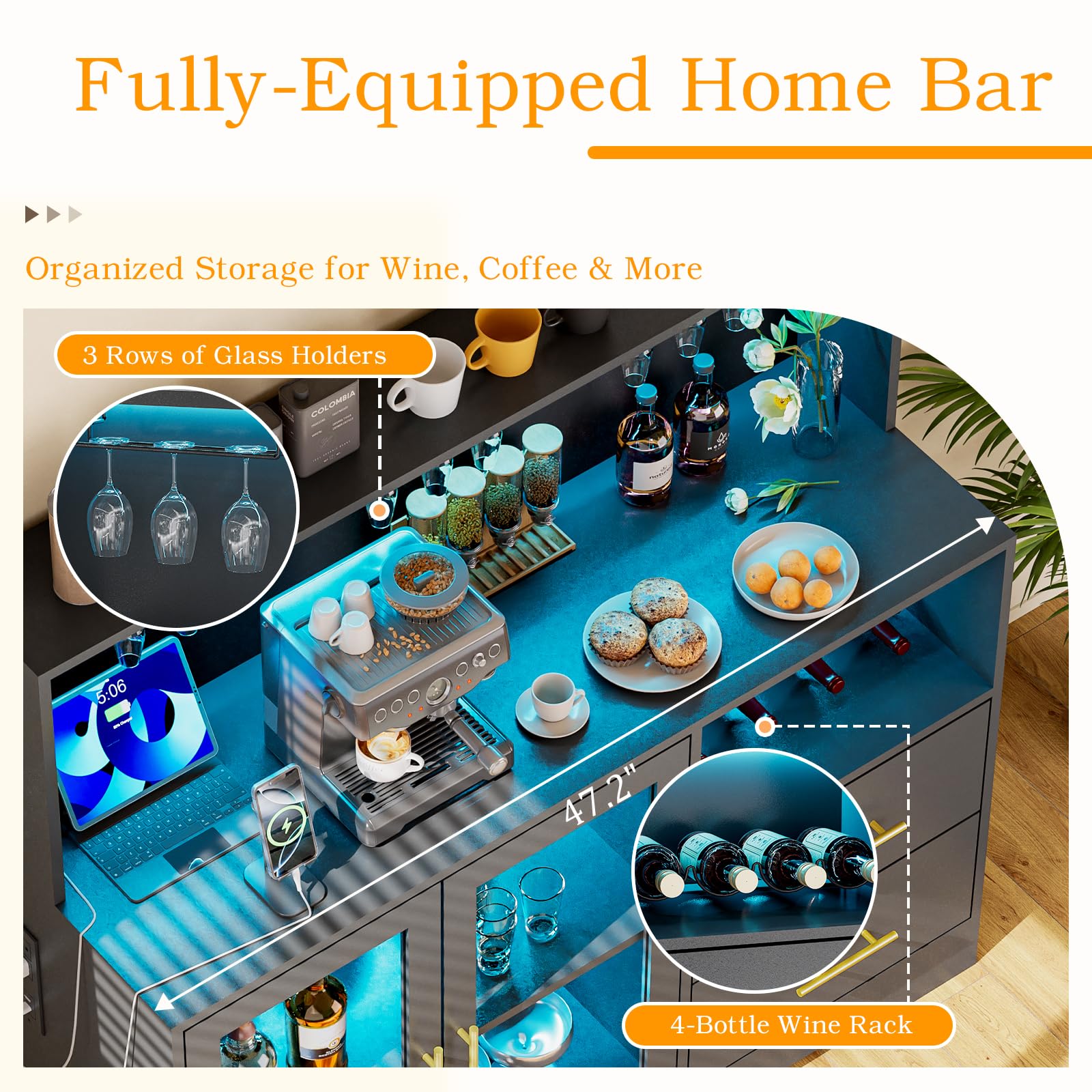 RGB LED Bar Cabinet with Wine Rack