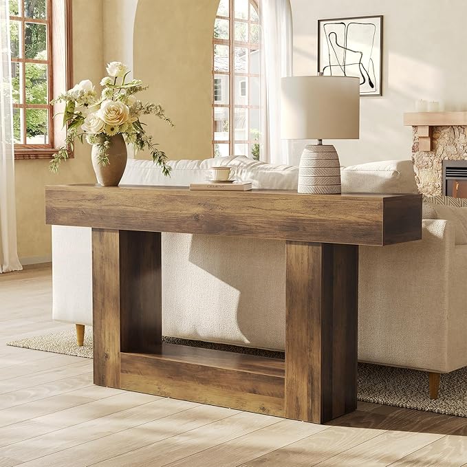 63 Inch 2-Tier Farmhouse Console Table with Heavy Duty Base