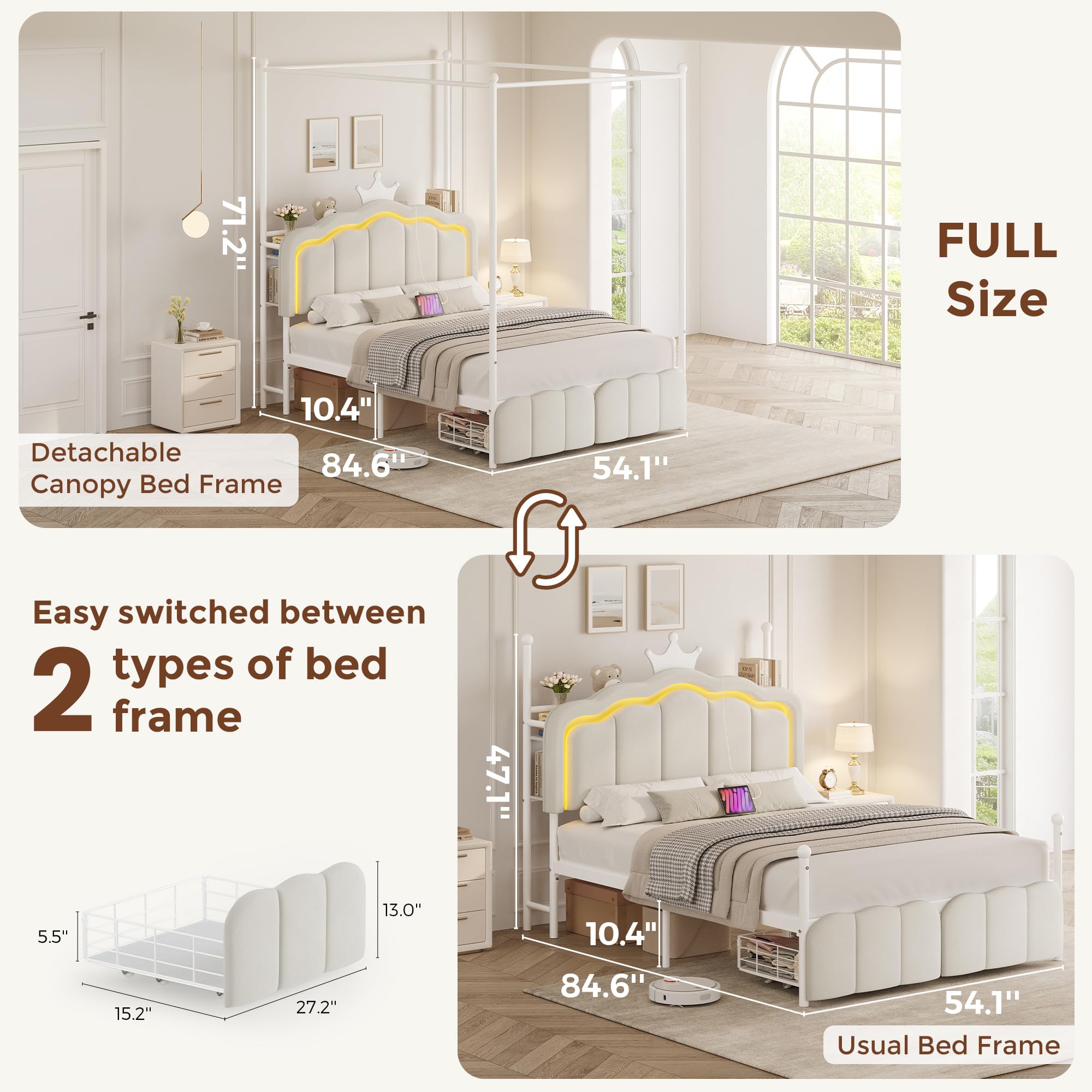 Full Velvet Upholstered LED Canopy Bed Frame with 2 Storage Drawers and Charging Station, Crown Headboard with Bookshelf, Two-Use Princess Platform Bed with 4 Removable Posts,Metal Slats Support-Beige