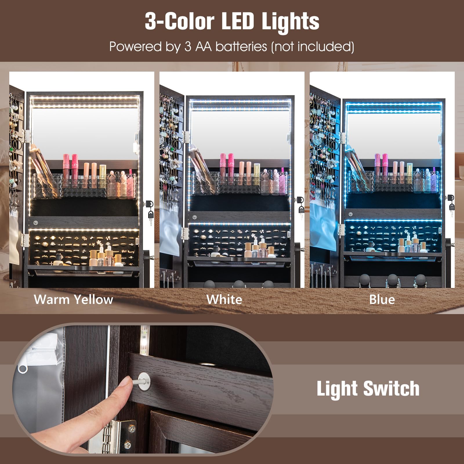Rolling Jewelry Armoire with Full Length Mirror and LED Lights