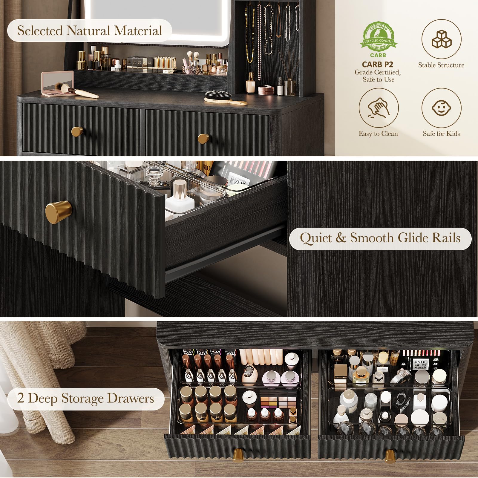 Fluted Vanity Desk with Mirror and Lights