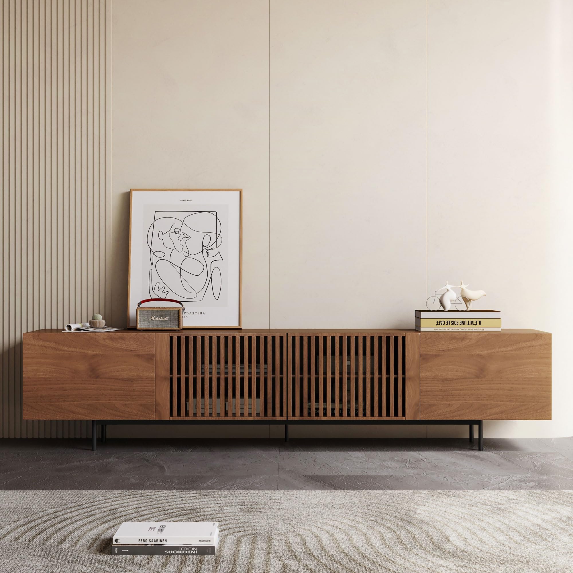 Mid Century Modern TV Stand for 80+ Inch TVs - 94.48" Walnut Console with Storage