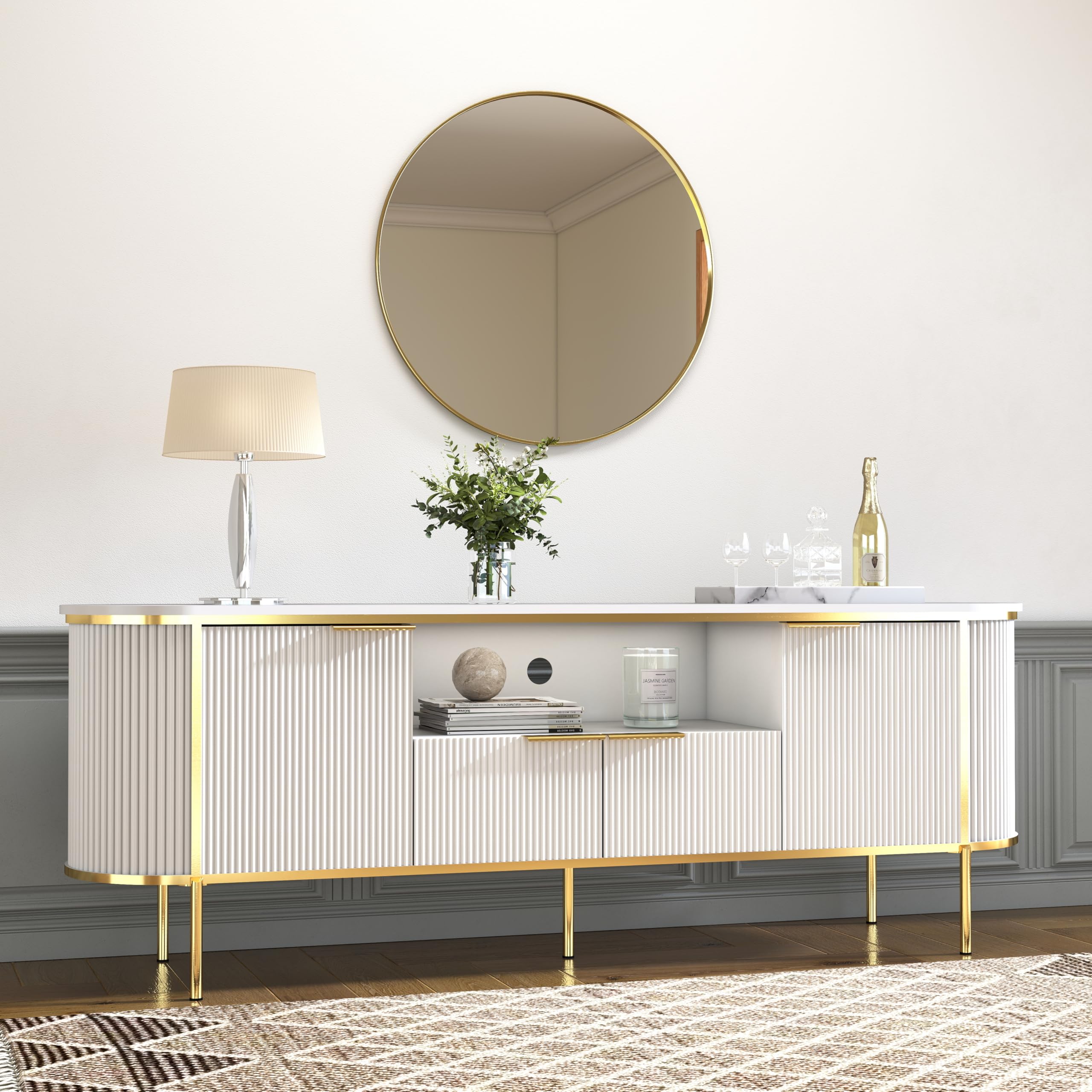 70" White and Gold TV Stand with Faux Marble Top