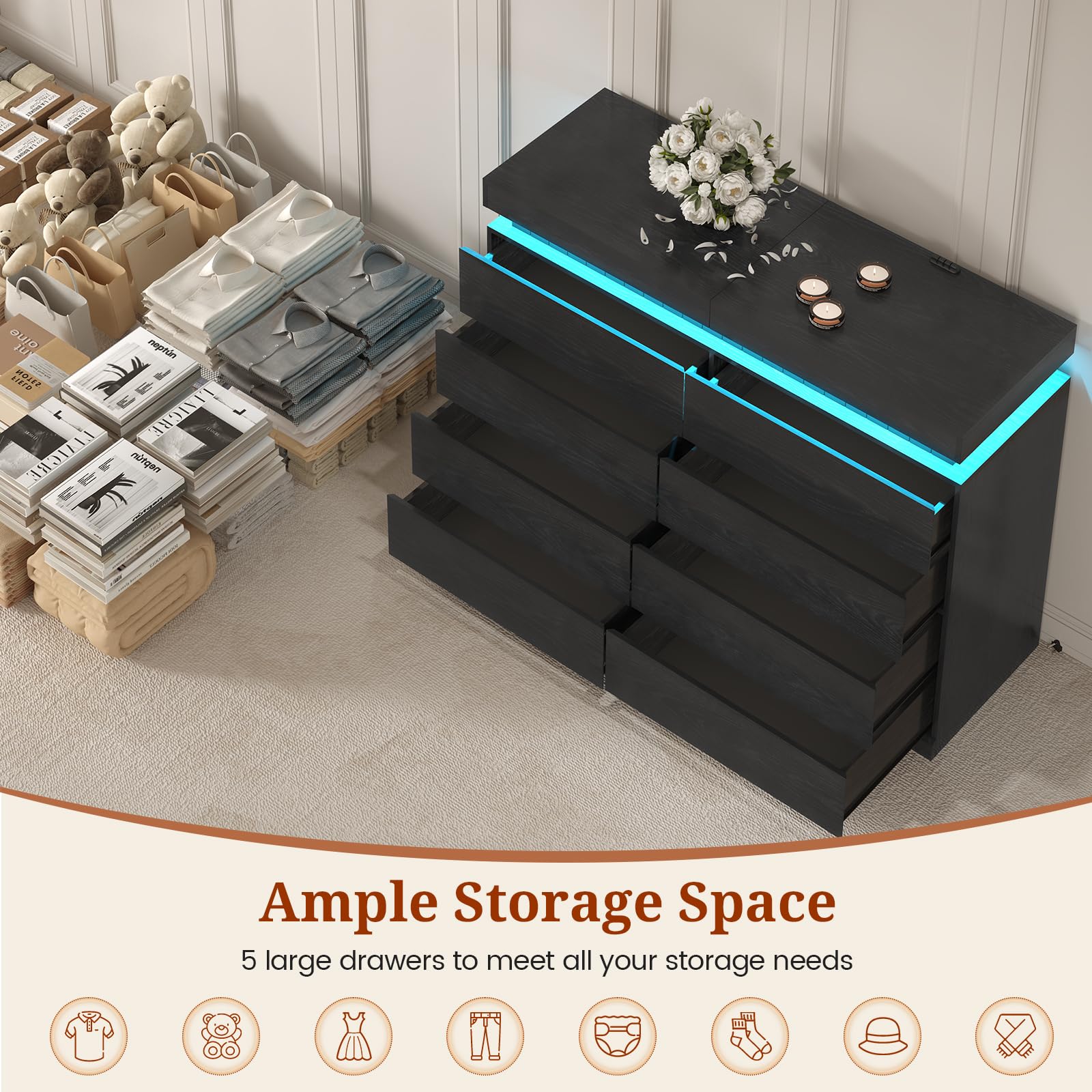 Tall Black 8-Drawer Dresser with LED Light and Power Outlet