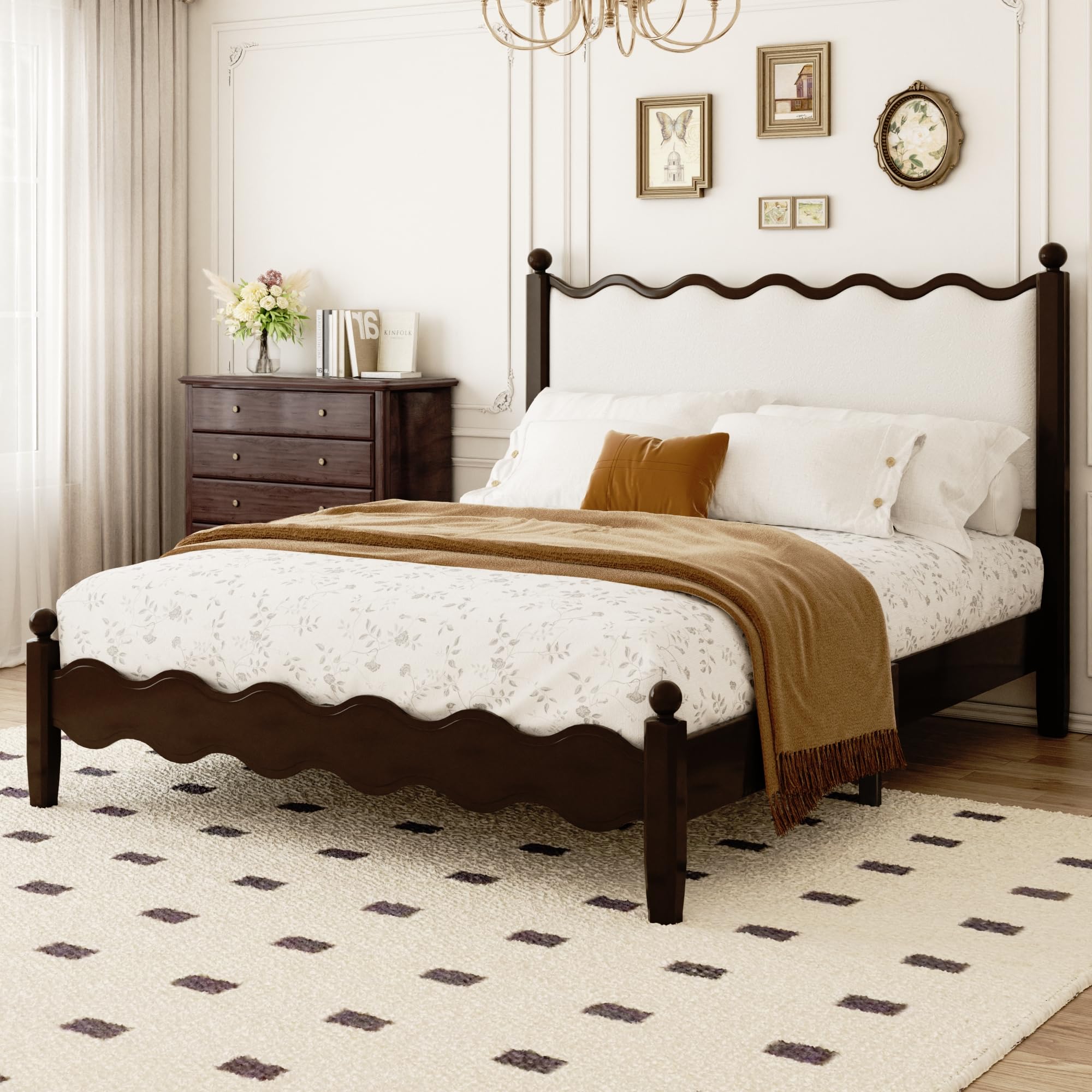 Queen Bed Frame with Vintage Wave Headboard 48" Tall