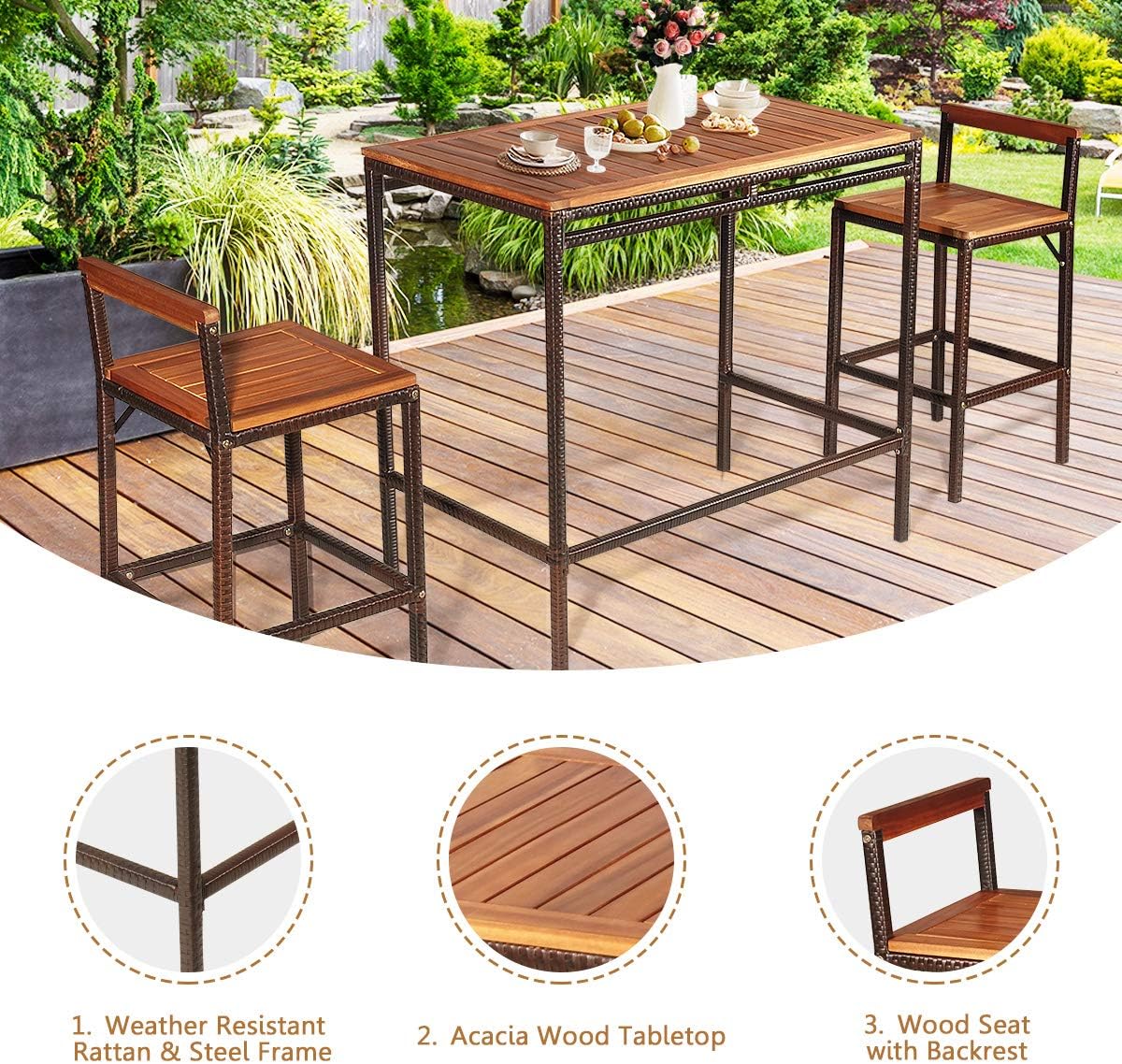 3-Piece Outdoor Rattan Bar Set with Acacia Wood