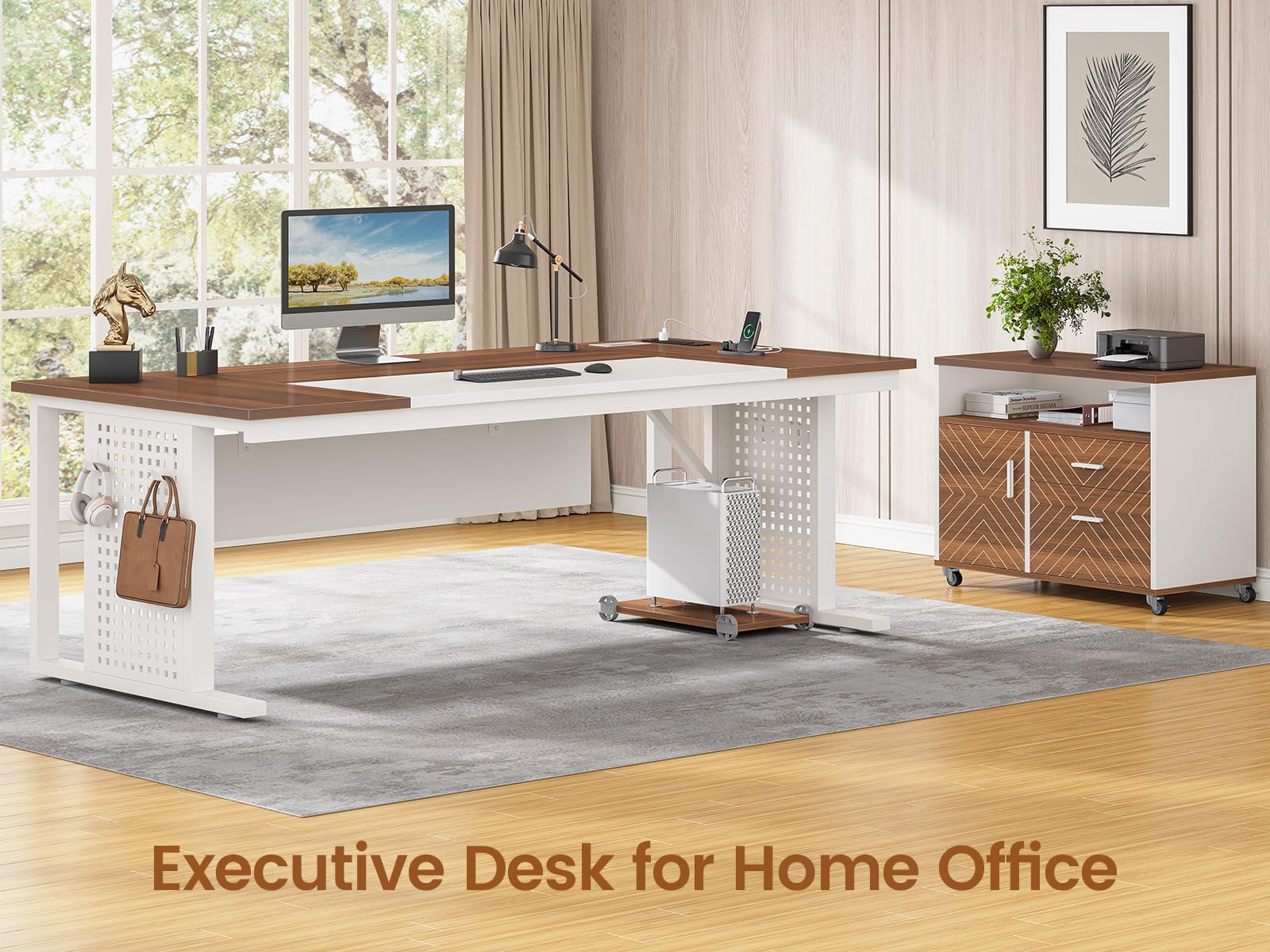 L-Shaped Executive Desk with Rolling File Cabinet