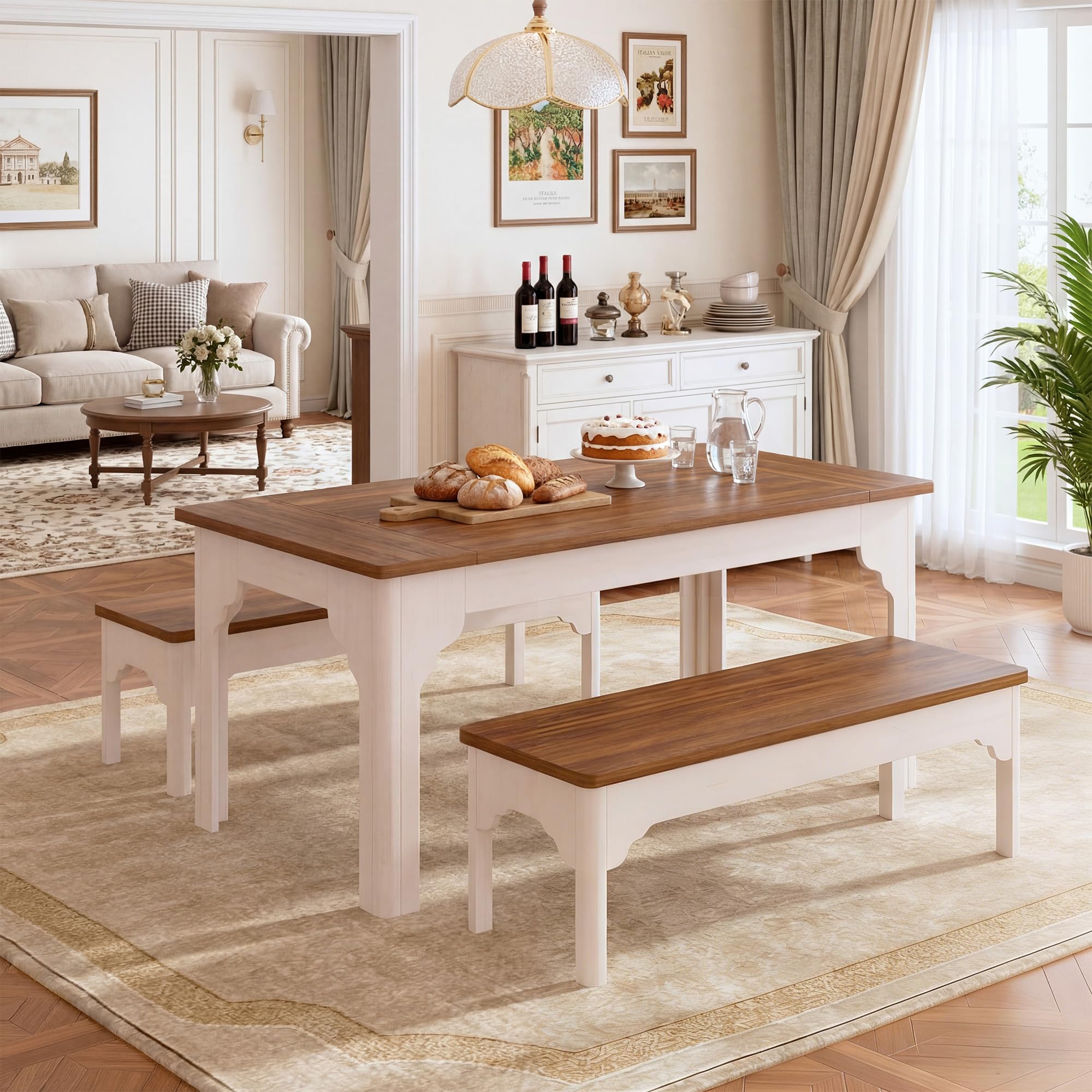 Farmhouse Dining Table Set with 2 Benches