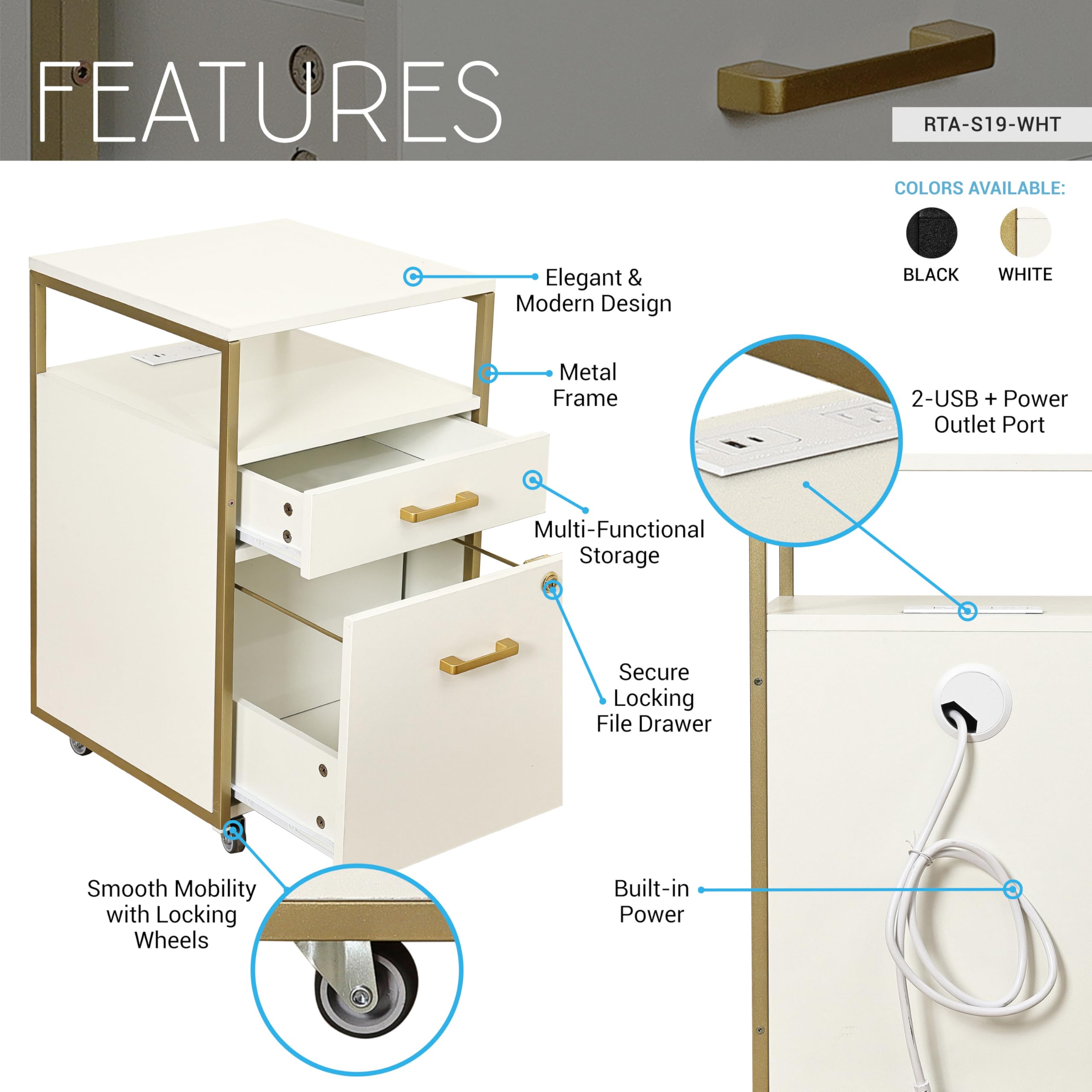 Rolling File Cabinet with Lock and USB Charging