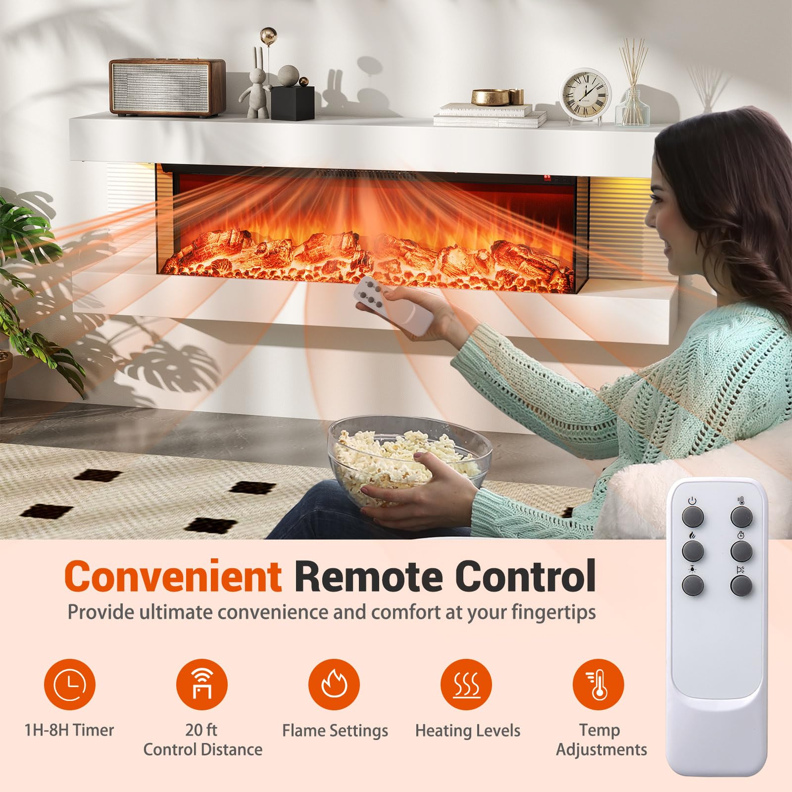 50-Inch Wall Mount Electric Fireplace with Floating Mantel