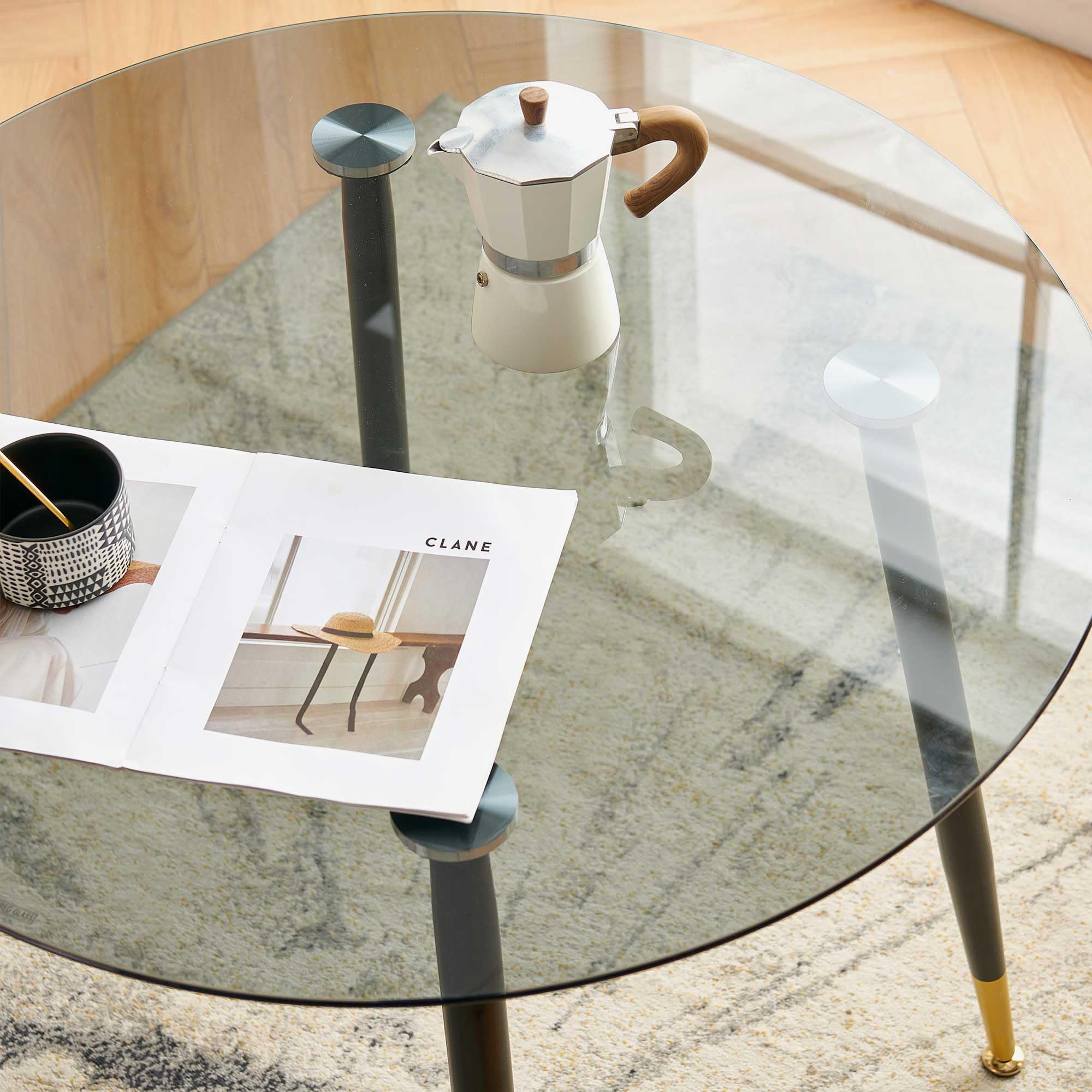 5-Piece Modern Dining Set with Round Tempered Glass Table & Yellow Velvet Chairs