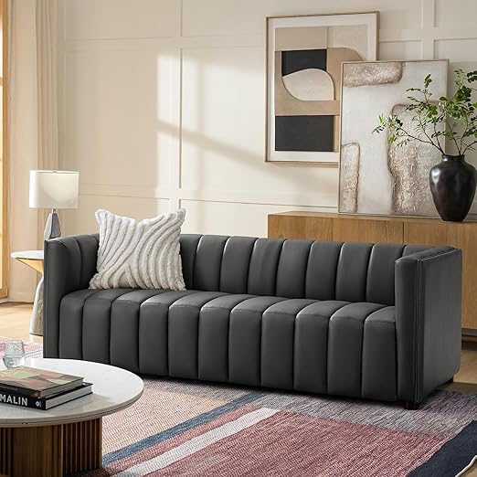 83" Genuine Leather Channel Tufted Sofa