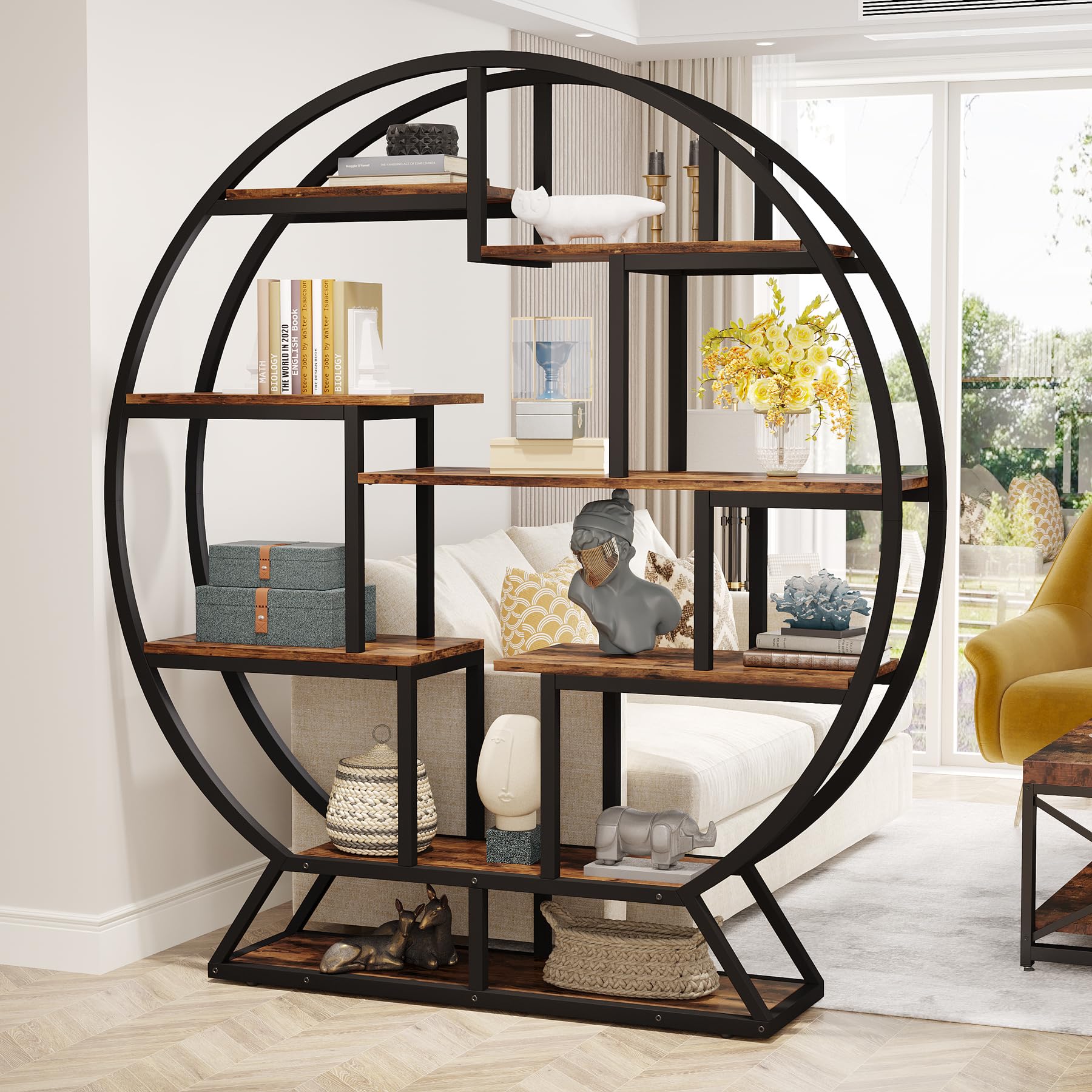 63 Inch Round Industrial Bookshelf with Staggered Shelves