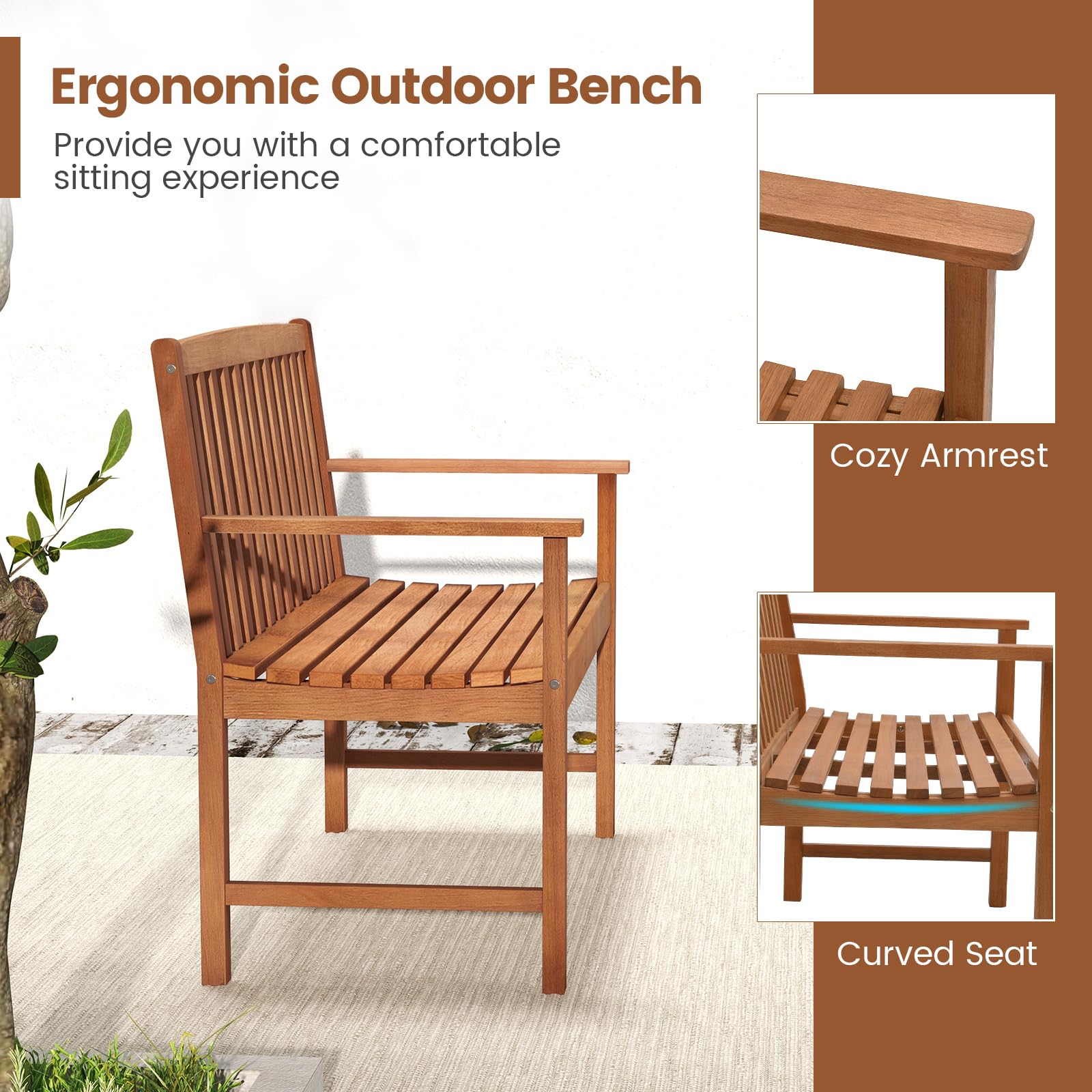2-Person Eucalyptus Wood Garden Bench