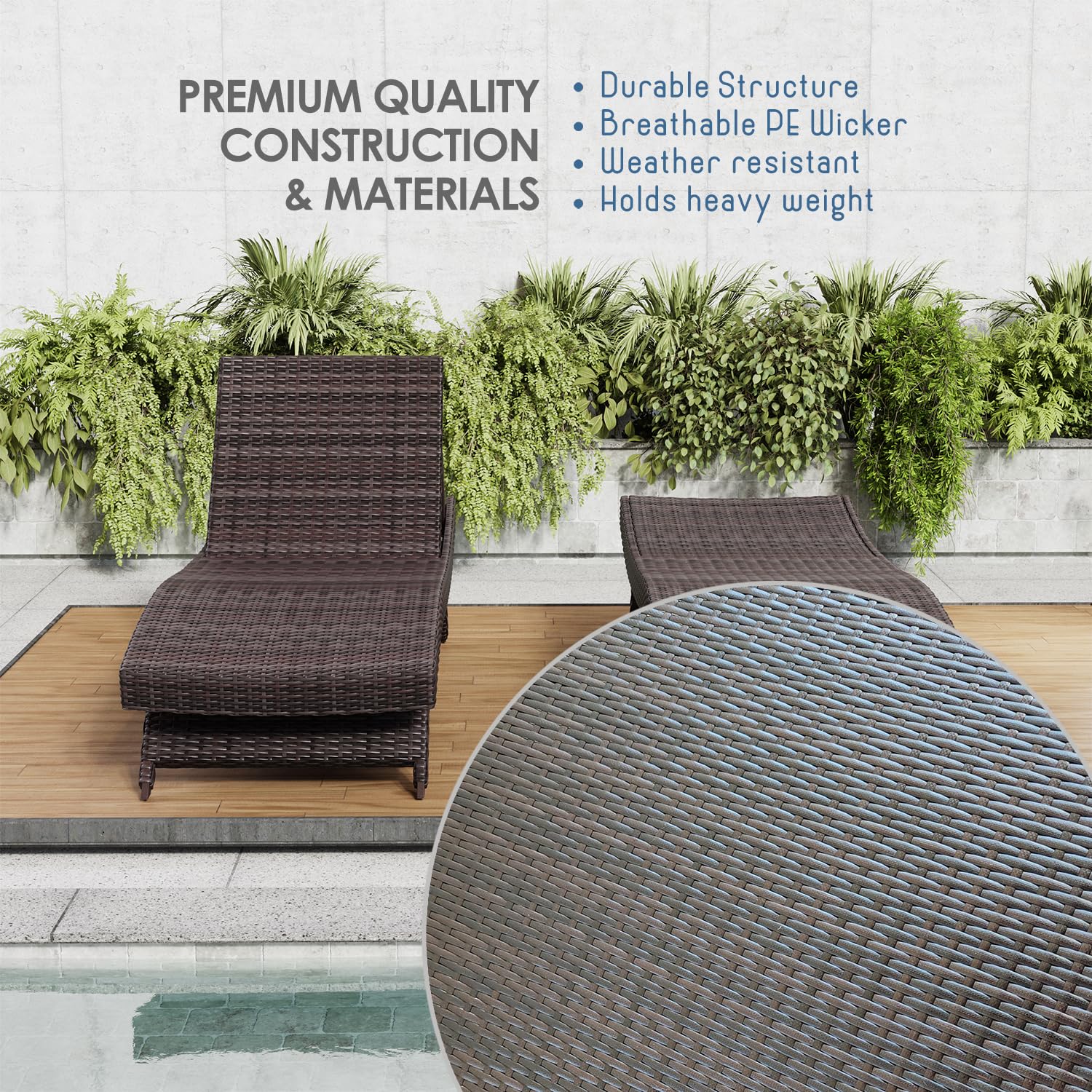 Outdoor Wicker Chaise Lounge Chair Set of 2 with Reclining Backrest