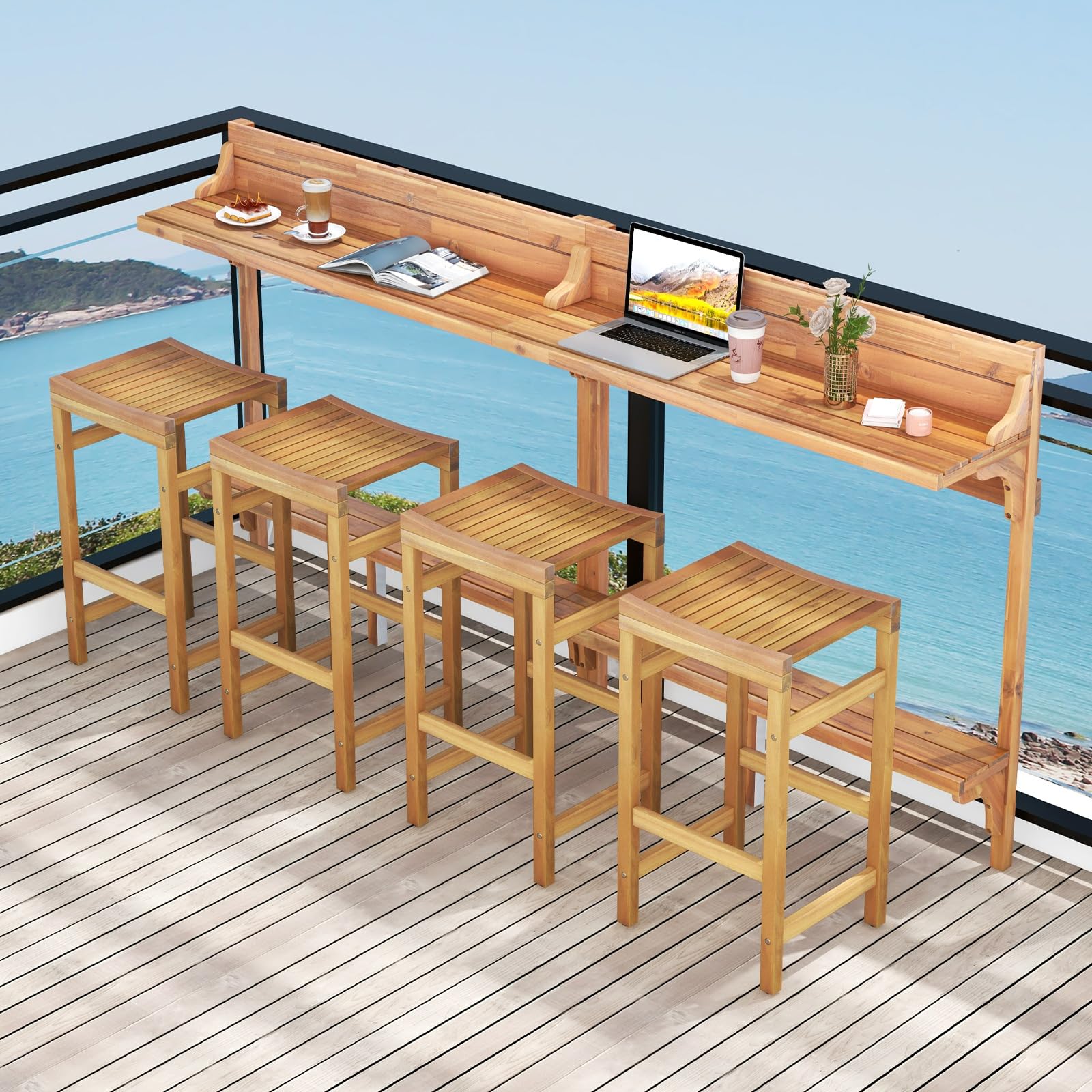 3-Piece Acacia Wood Balcony Bar Set with Stools