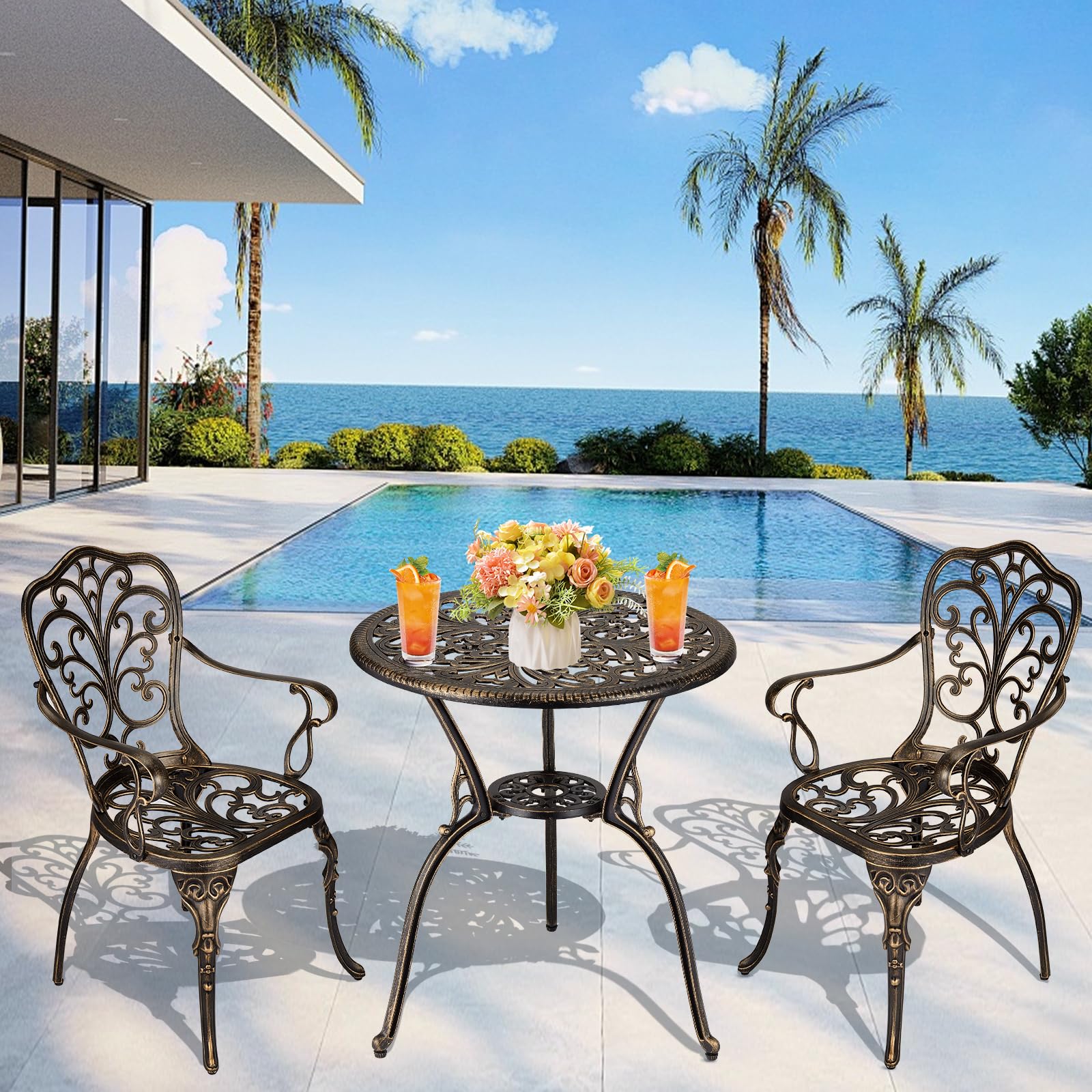 ELETHEBIA 3 Piece Bistro Set, Outdoor Bistro Table and Chairs Set of 2, Rust-Resistant Cast Aluminum All Weather Patio Outdoor Bistro Set with Umbrella Hole for Backyard, Balcony, Front Porch, Brown