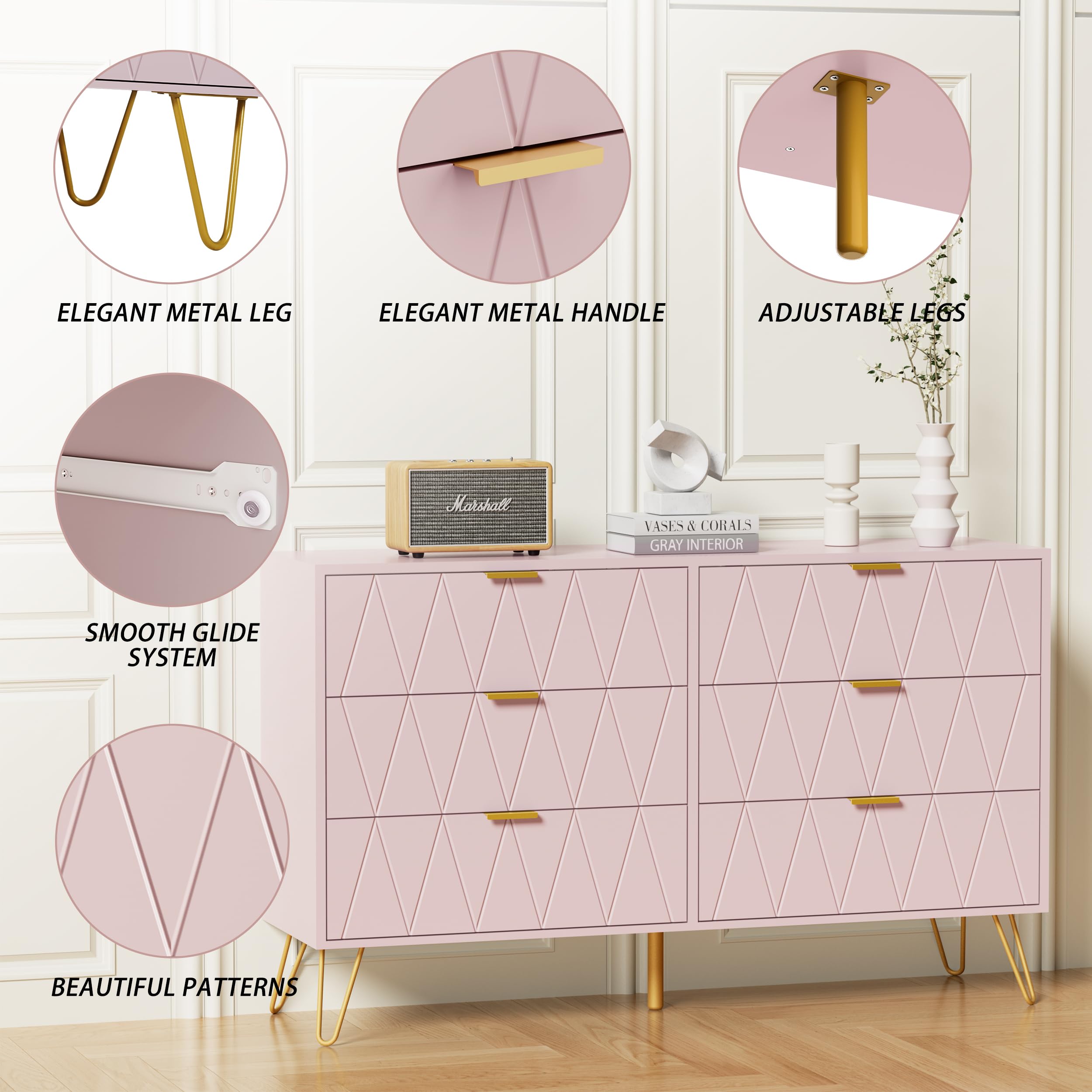 6 Drawer Dresser with Wide Drawers and Metal Handles