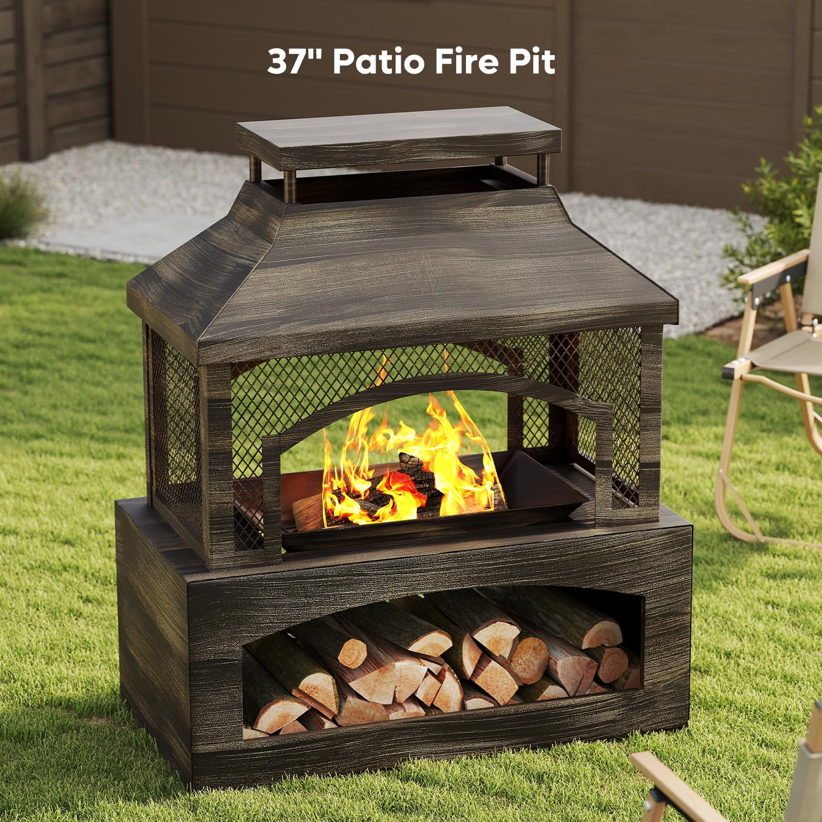 37" Outdoor Wood Burning Fire Pit with Poker and Cover
