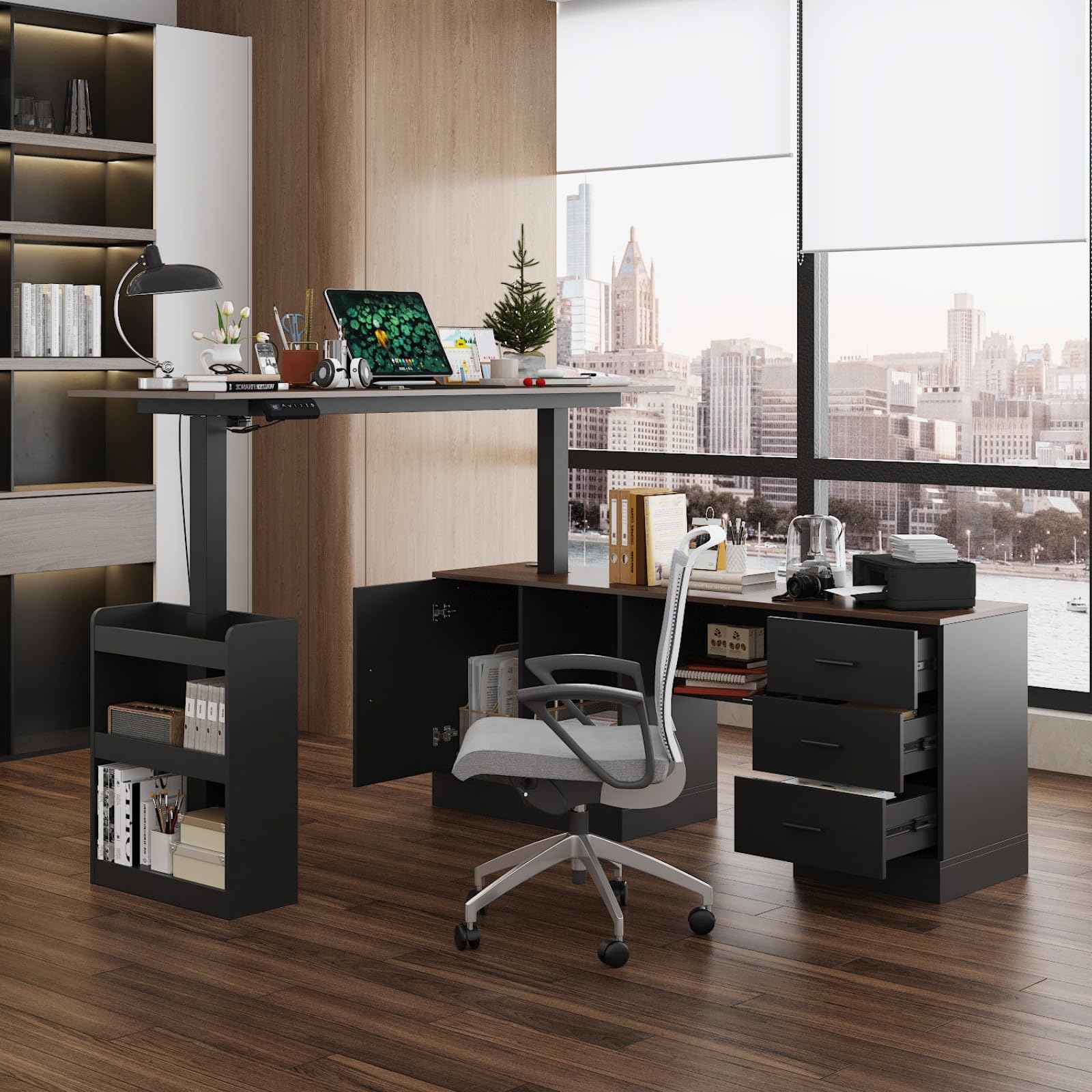 63-Inch L-Shaped Electric Standing Desk with Drawers and Shelves