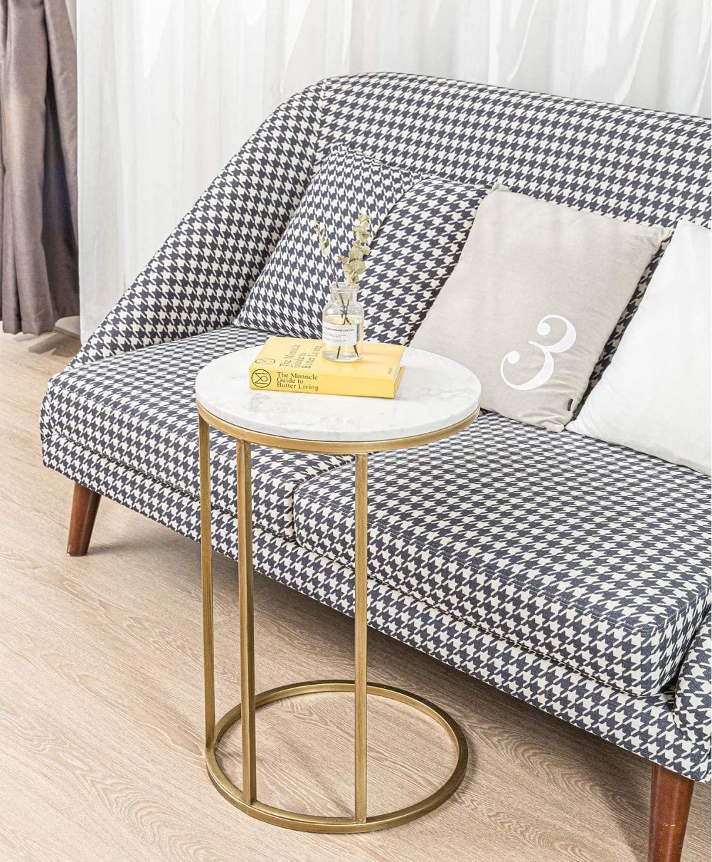 C-Shaped Marble End Table with Gold Frame