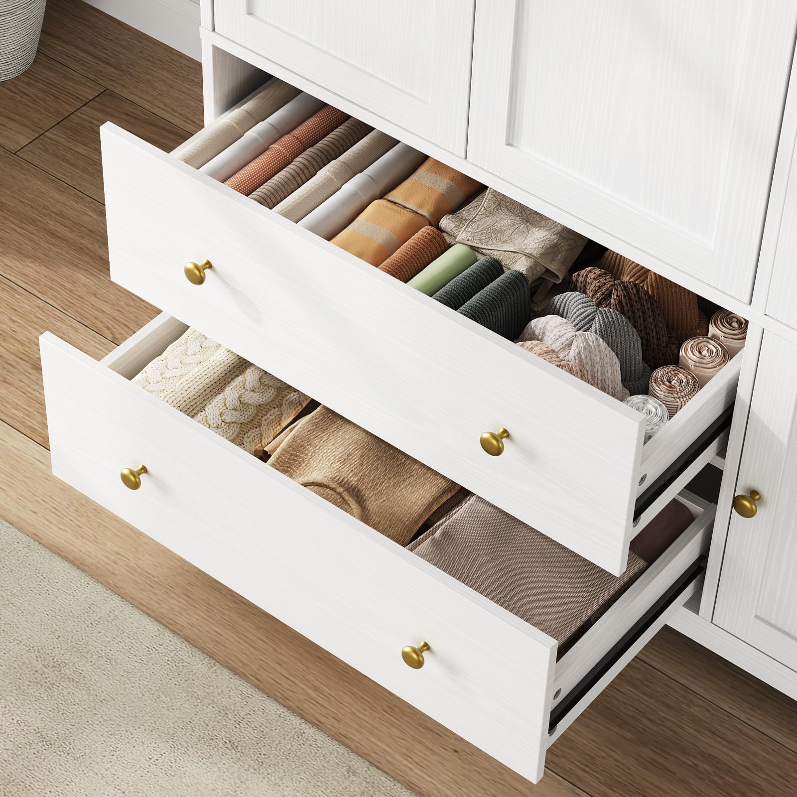 3 Doors Wooden Wardrobe Closet with Pull Out Pants Rack
