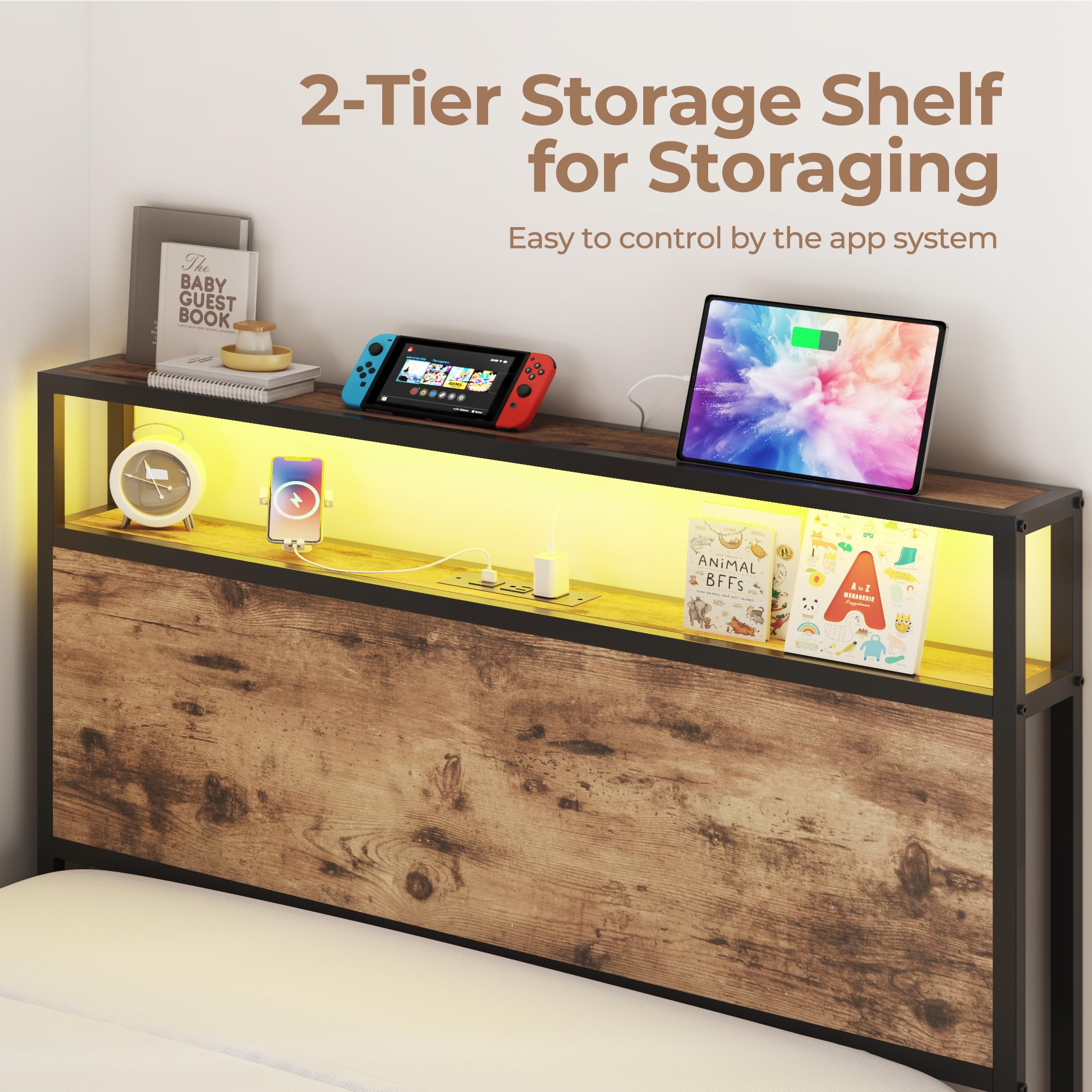 Twin Bed Frame with Storage Headboard and Charging Station