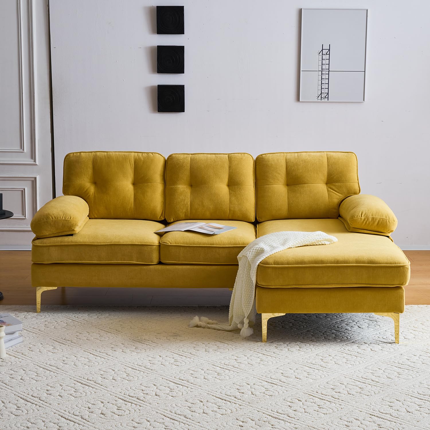 83" Velvet Sectional Sofa with Tufted Upholstery