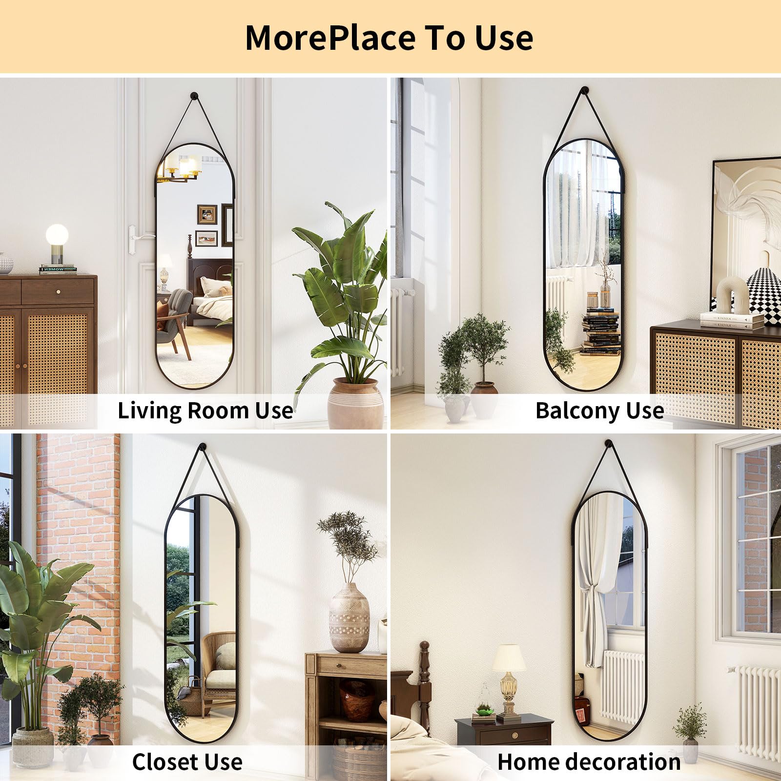 Full Length Oval Wall Mirror 16x48 with Leather Hanging Strap