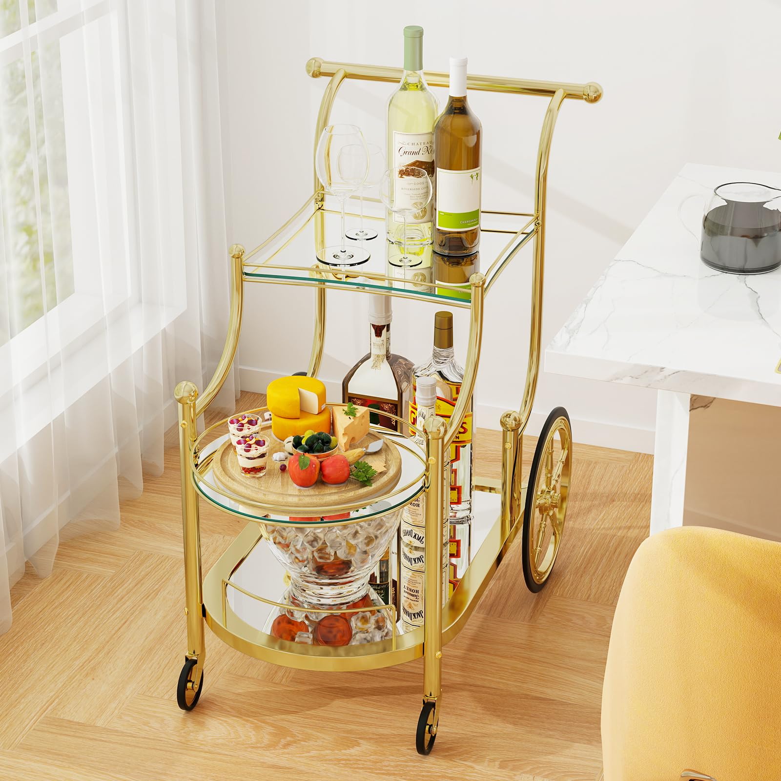 3-Tier Rolling Bar Serving Cart with Mirrored Shelves